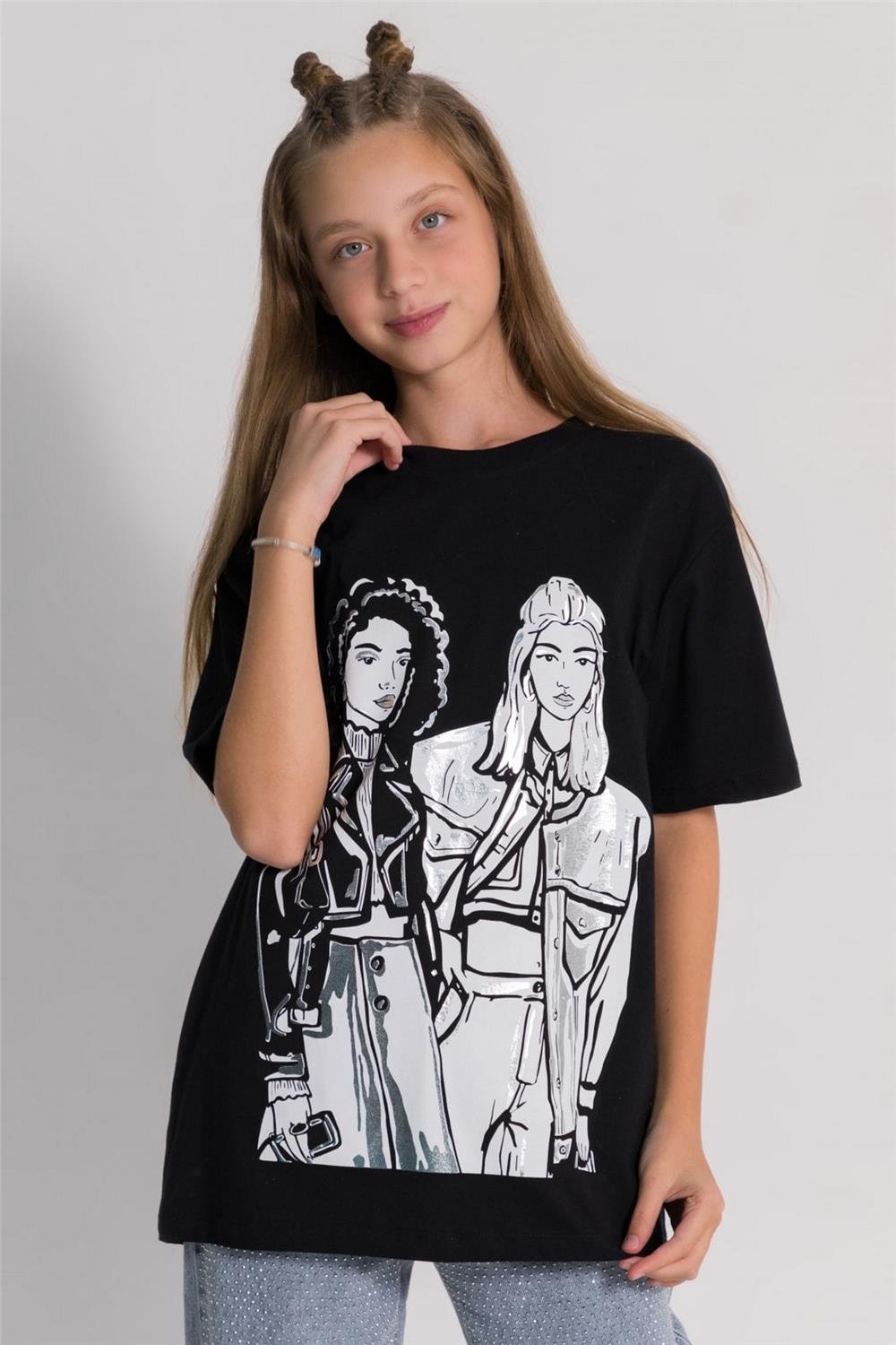 Kız Çocuk Baskılı  T-Shirt  Siyah