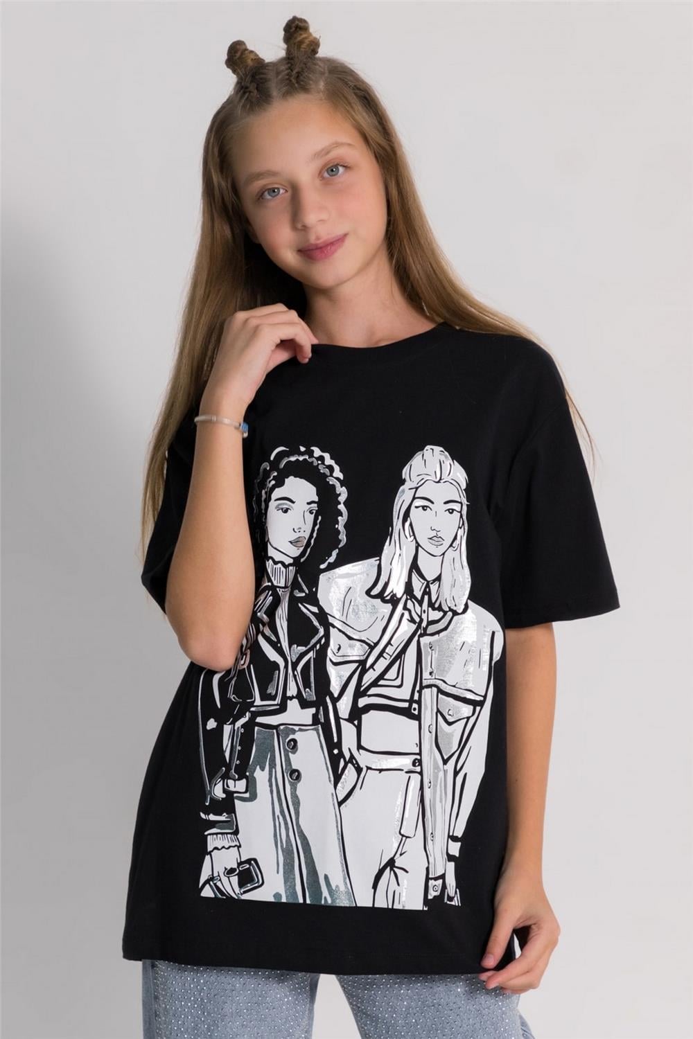 Kız Çocuk Baskılı  T-Shirt  Siyah