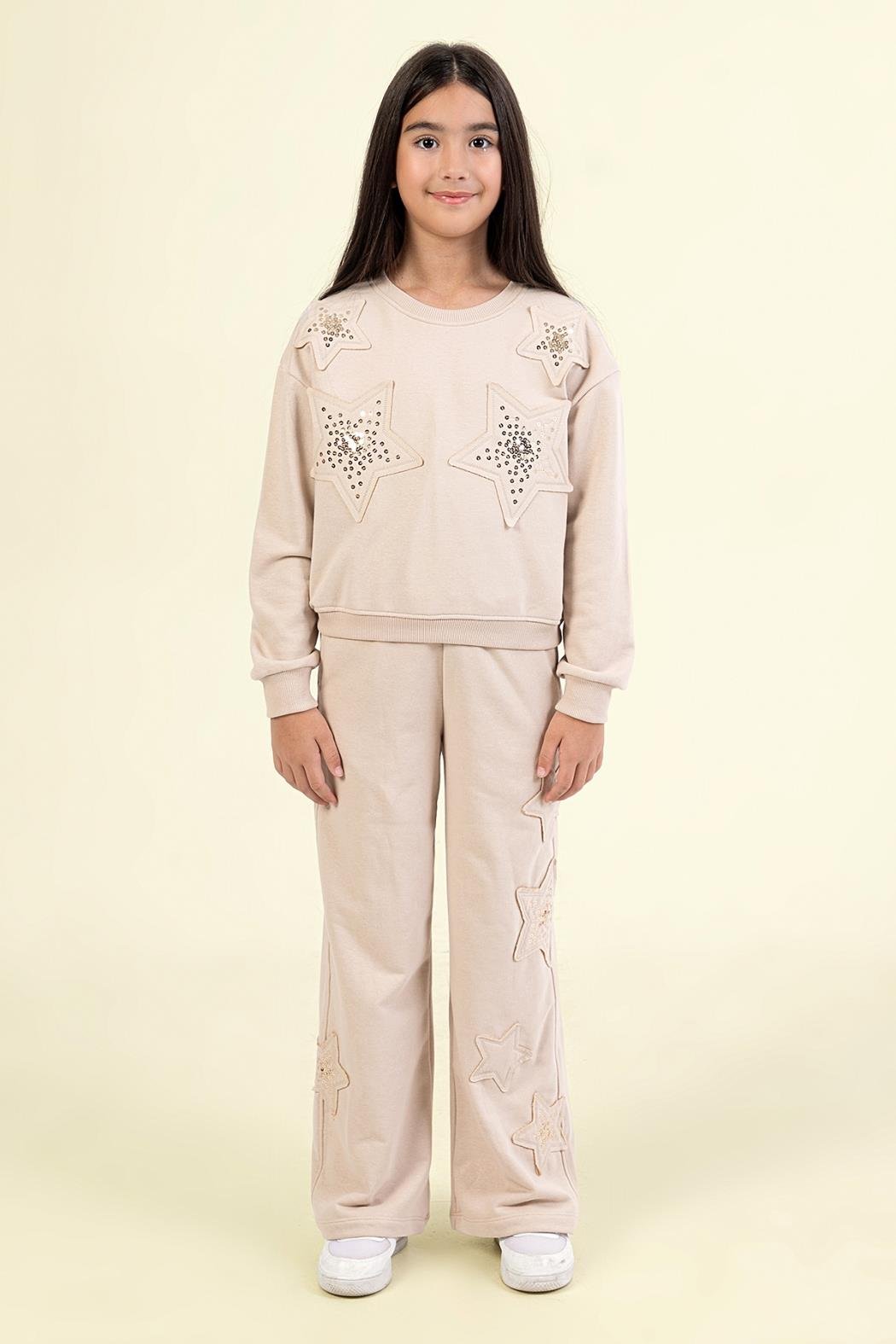 Kız Çocuk Bej Payetli Yıldız Detaylı Sweatshirt ve Geniş Paça Eşofman Takımı