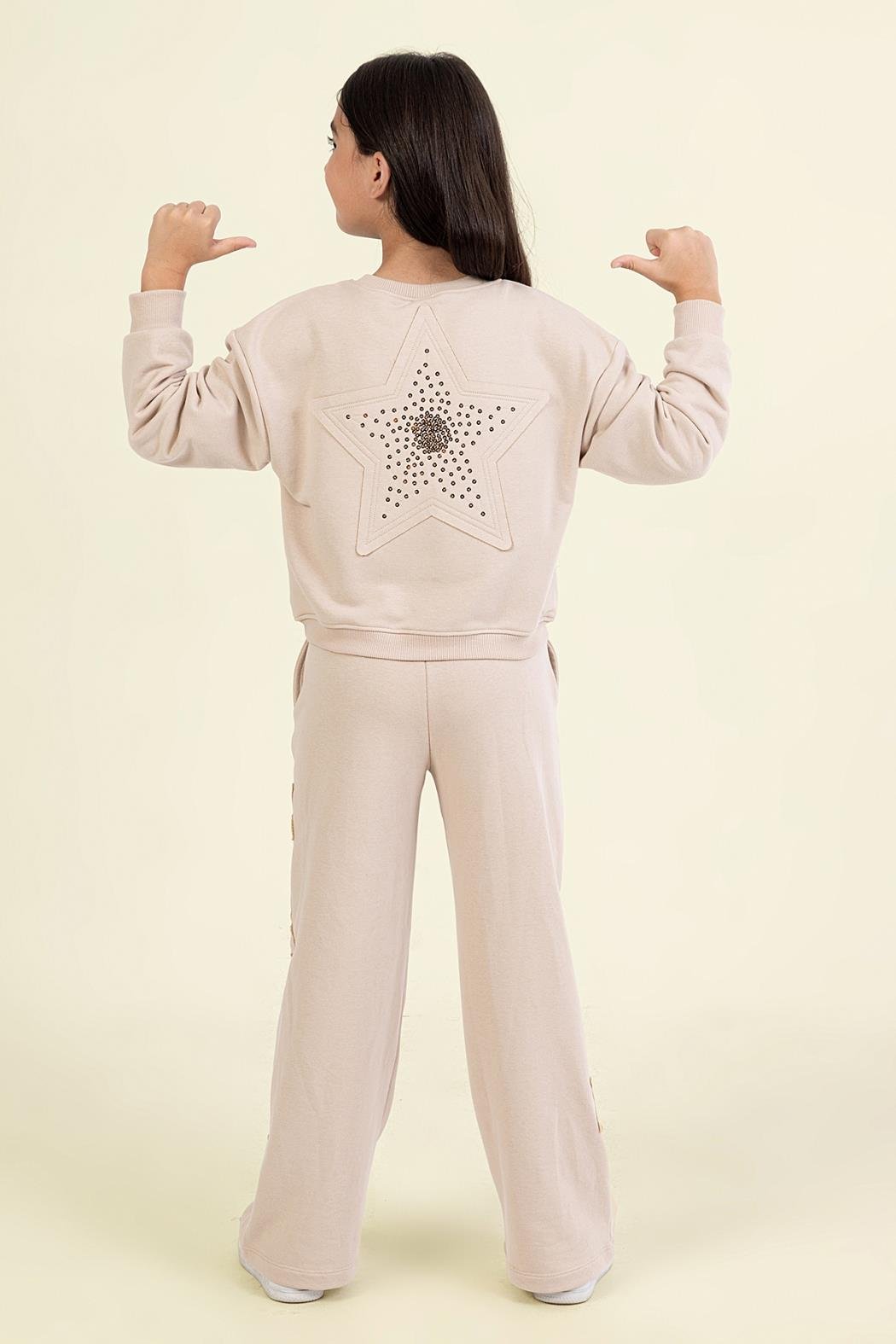 Kız Çocuk Bej Payetli Yıldız Detaylı Sweatshirt ve Geniş Paça Eşofman Takımı