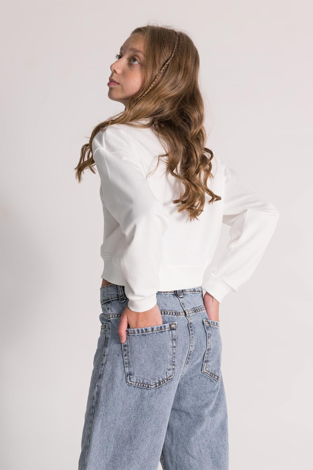 Kız Çocuk Crop Sweatshirt - Ekru (9-14 Yaş)