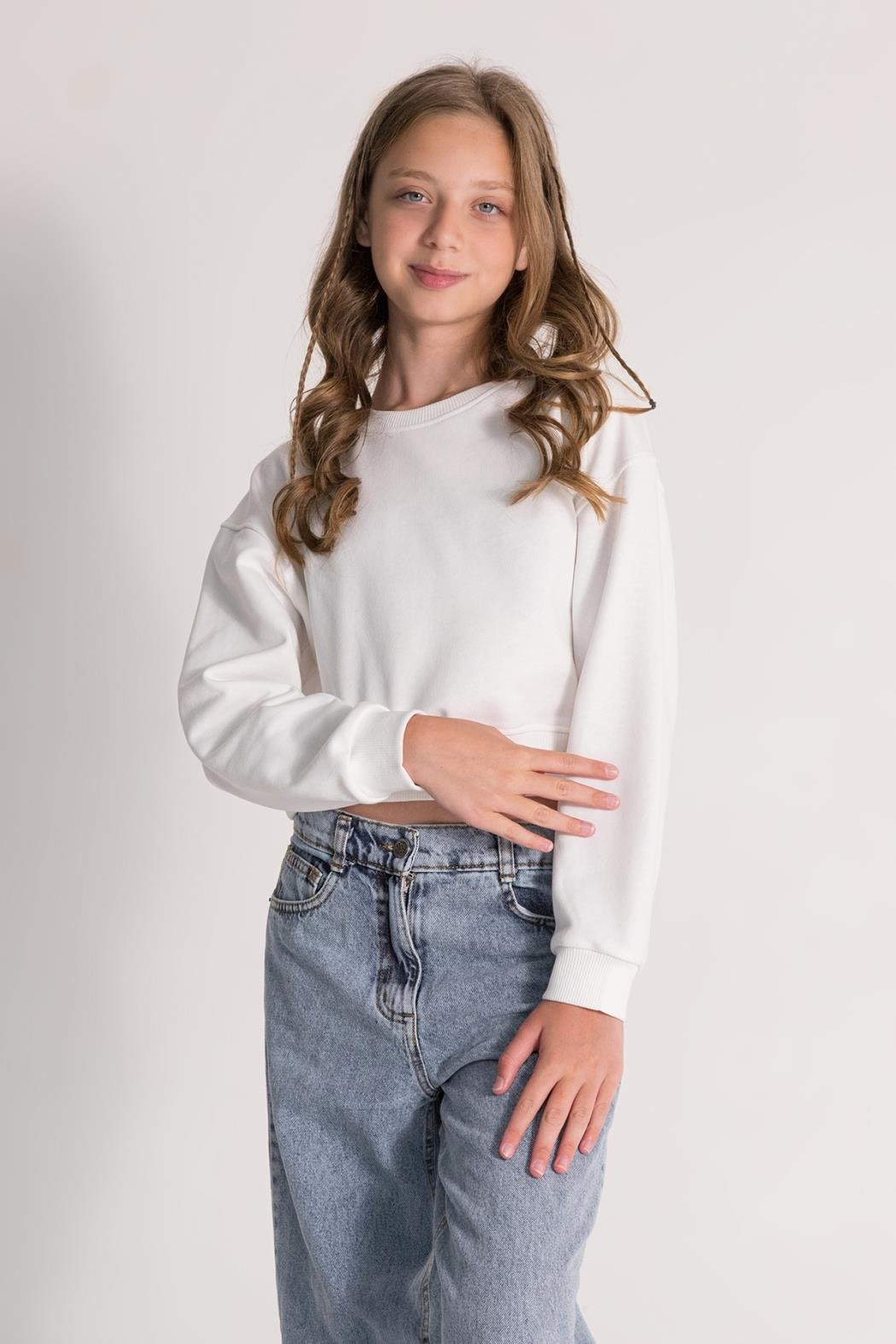 Kız Çocuk Crop Sweatshirt - Ekru (9-14 Yaş)