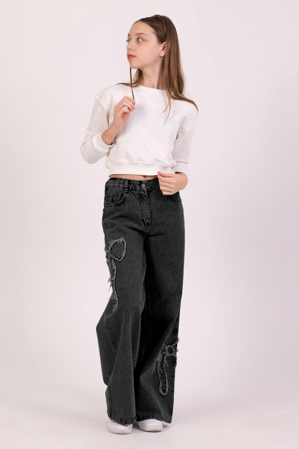 Kız Çocuk Fiyonk Nakışlı Kot Pantolon - Füme (9-14 Yaş)