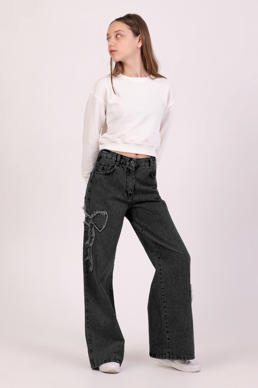 Kız Çocuk Fiyonk Nakışlı Kot Pantolon - Füme (9-14 Yaş)