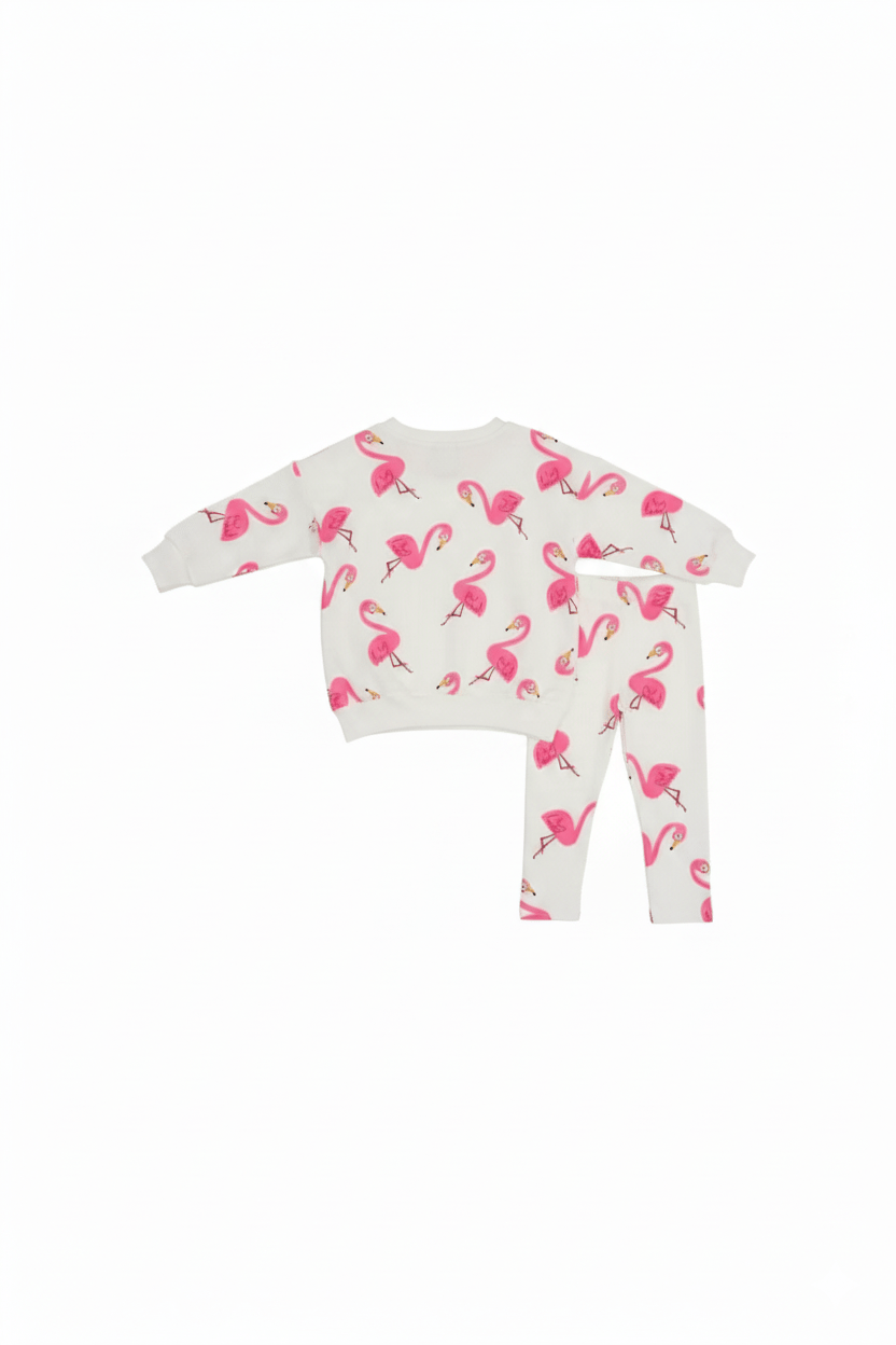 Kız Çocuk Flamingo Karakter Detaylı Sweat ve Fitilli Taytlı Takım