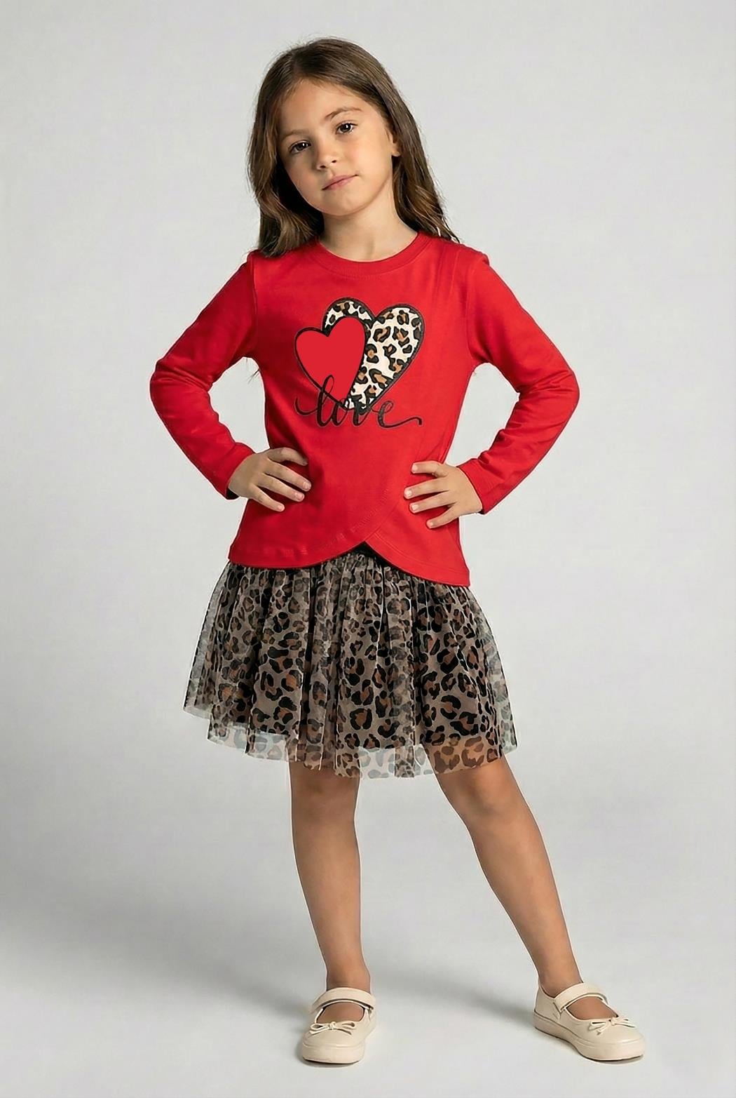 Kız Çocuk Leopar Desenli Tütü Etekli Sweatshirt Takım  | Kırmızı