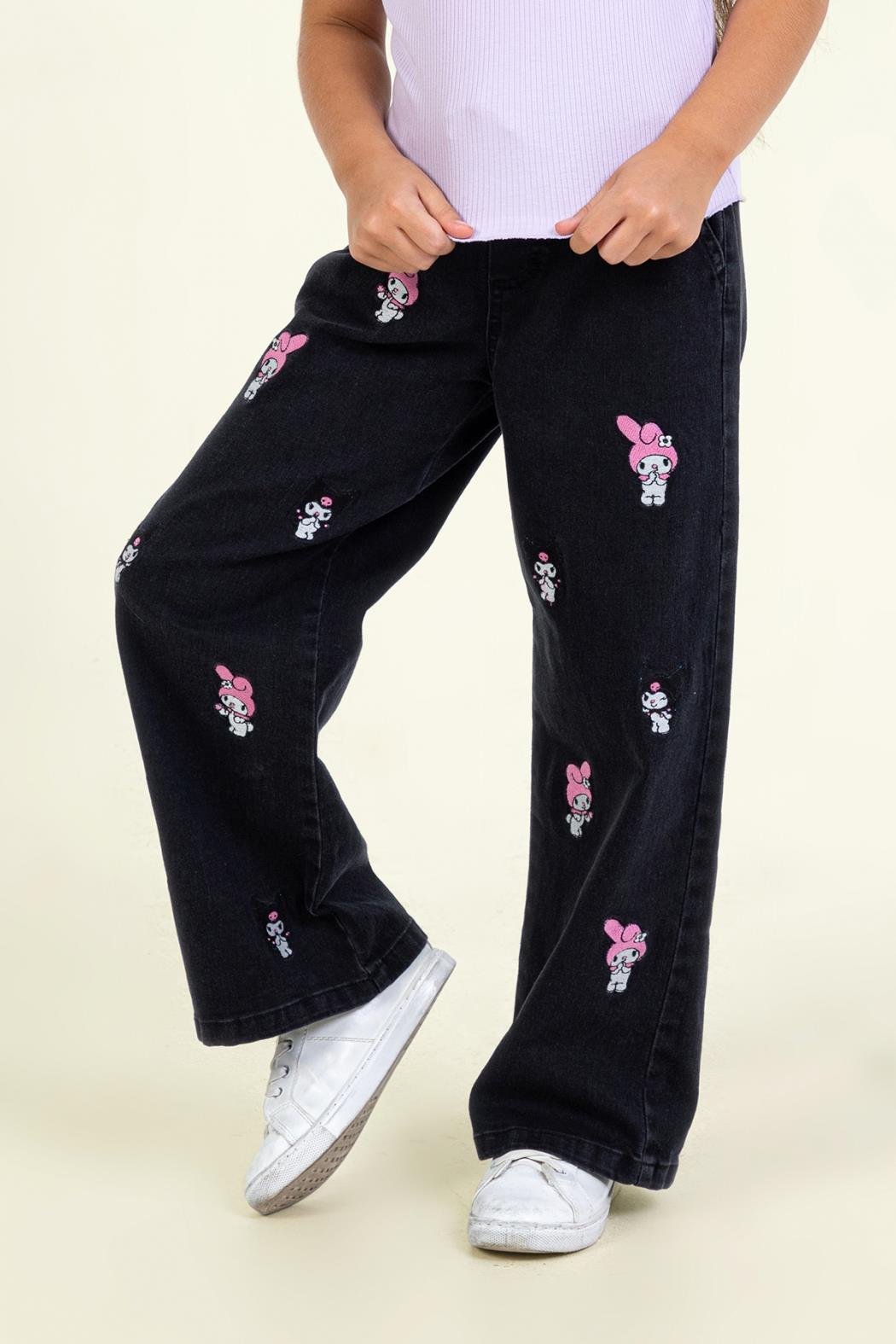 Kız Çocuk Lisanslı Nakışlı Geniş Paça (Wide Leg) Pantolon - Siyah (4-9 Yaş)