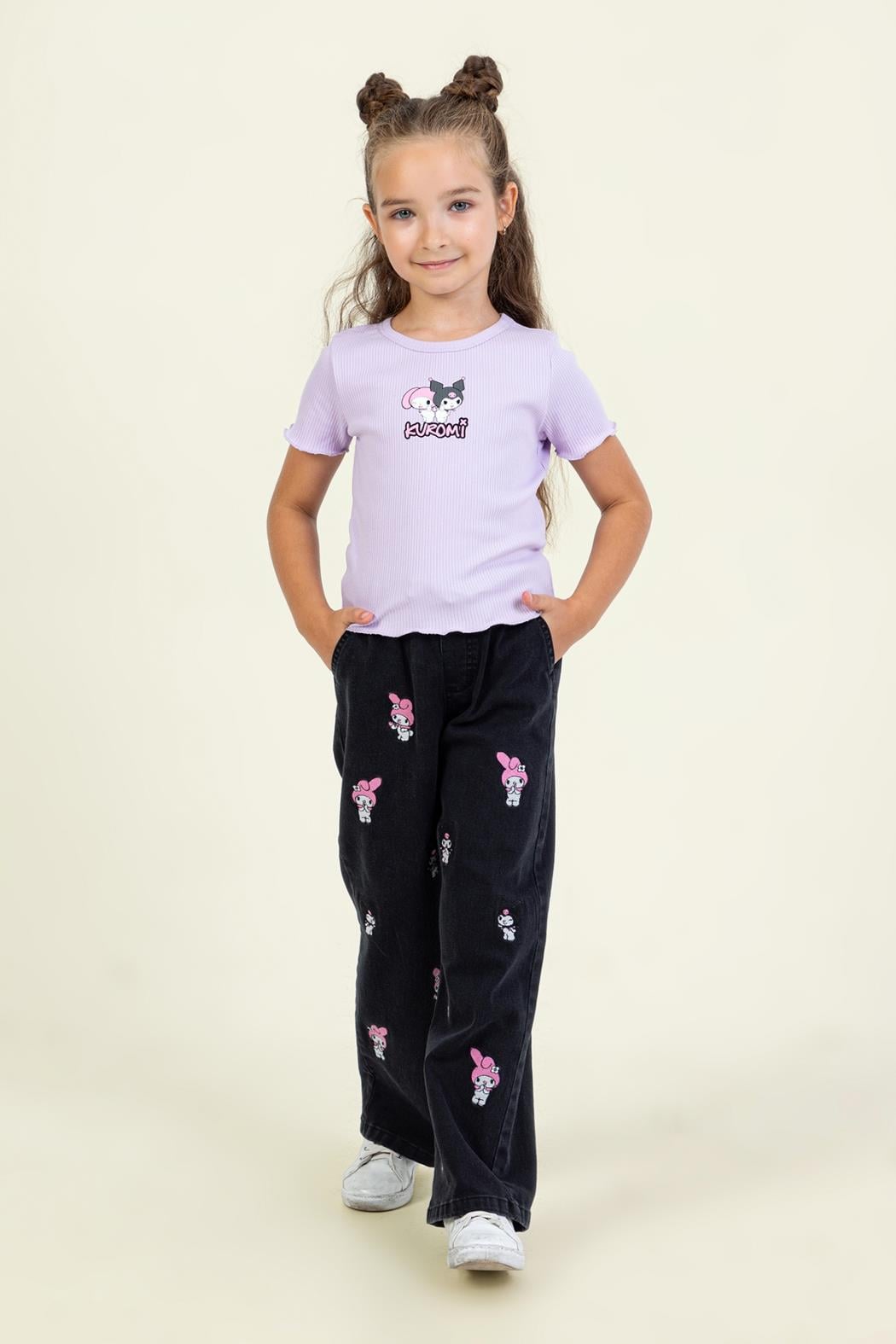 Kız Çocuk Lisanslı Nakışlı Geniş Paça (Wide Leg) Pantolon - Siyah (4-9 Yaş)