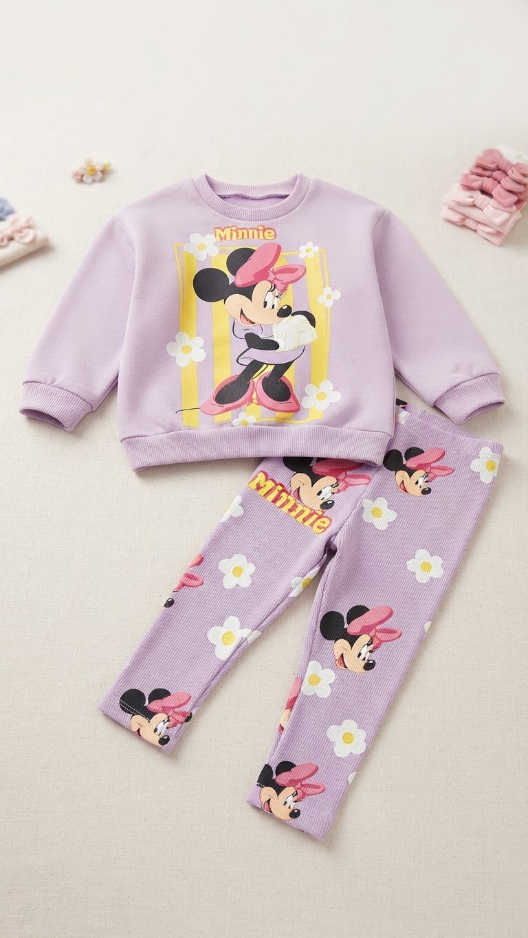 Kız Çocuk Mickey Mouse Detaylı Fitilli Taytlı Takım