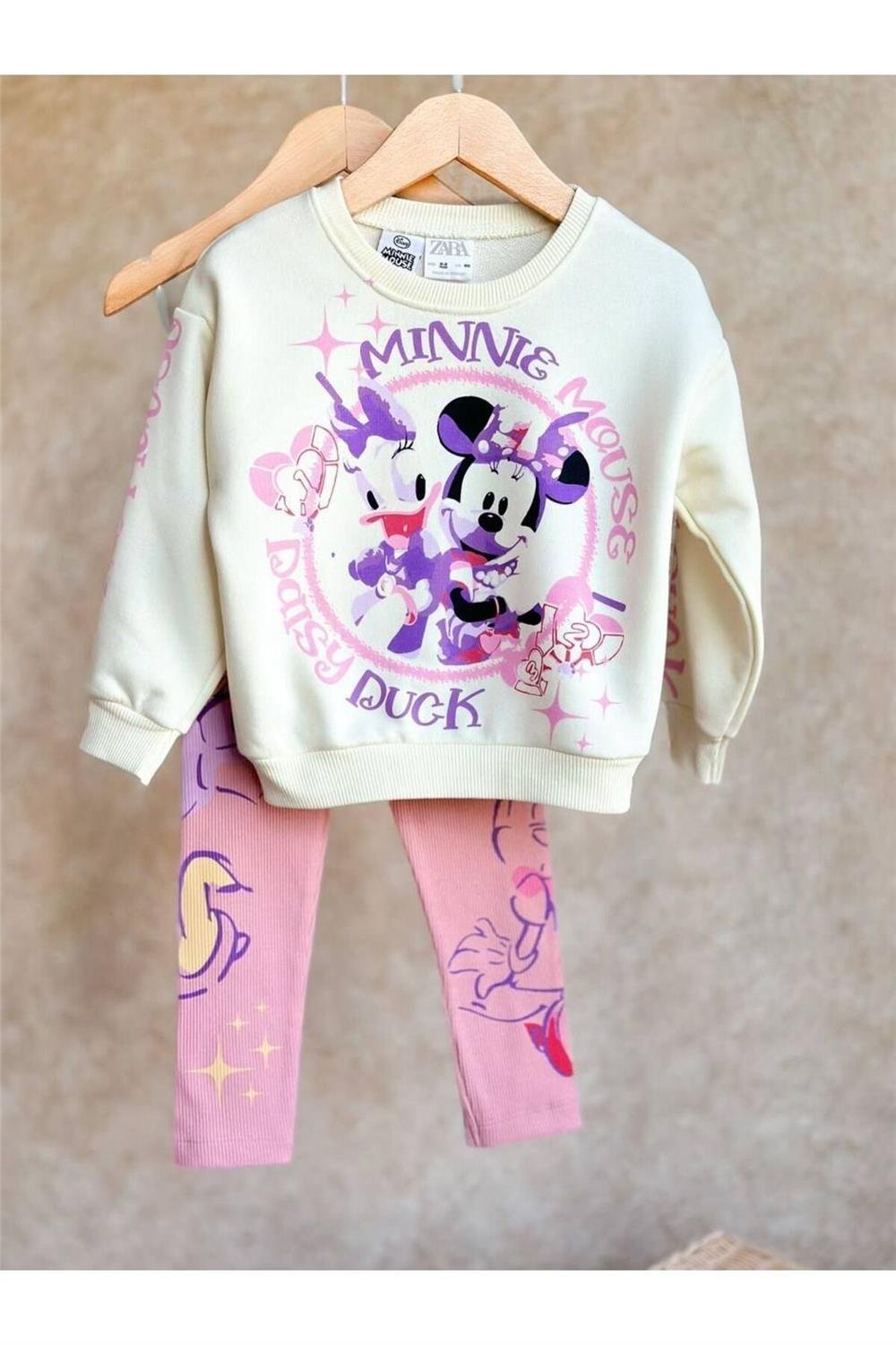 Kız Çocuk Mickey Mouse Detaylı Fitilli Taytlı Takım