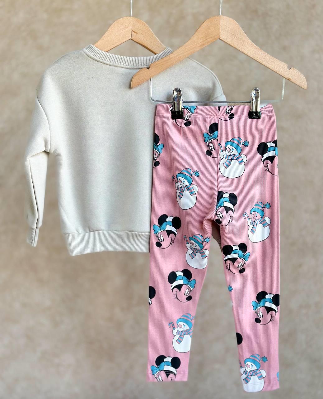 Kız Çocuk Mickey Mouse Detaylı Fitilli Taytlı Takım