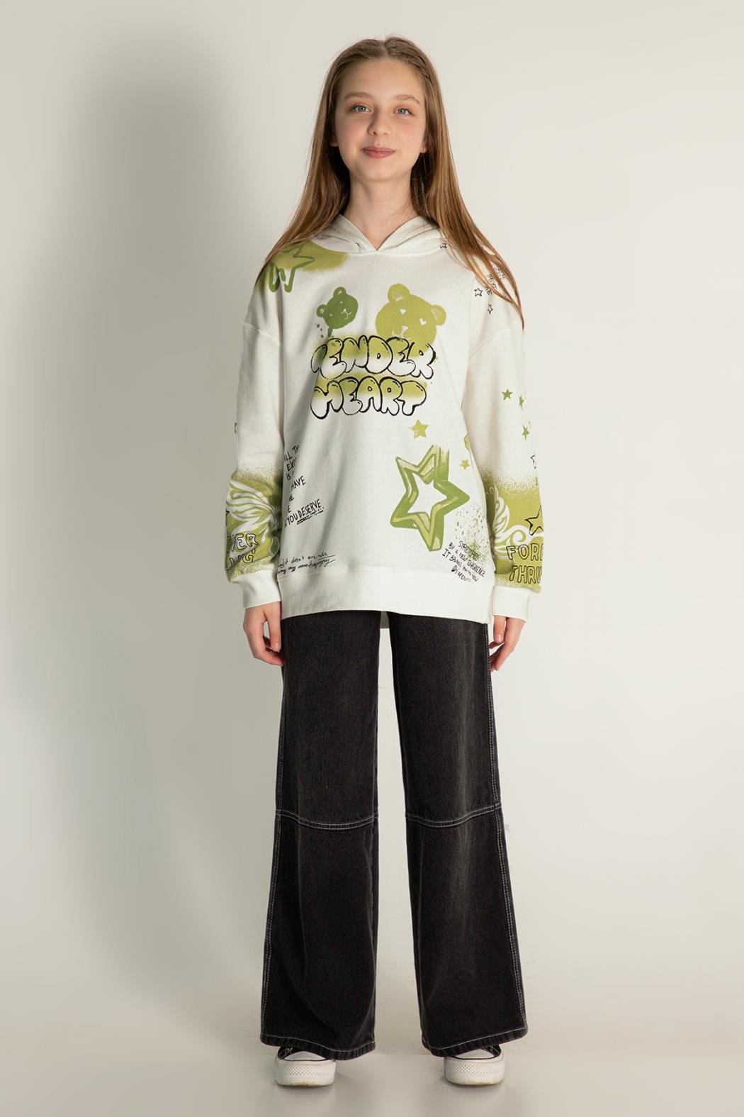 Kız Çocuk Oversize Baskılı Kapüşonlu Sweatshirt - Krem (9-14 Yaş