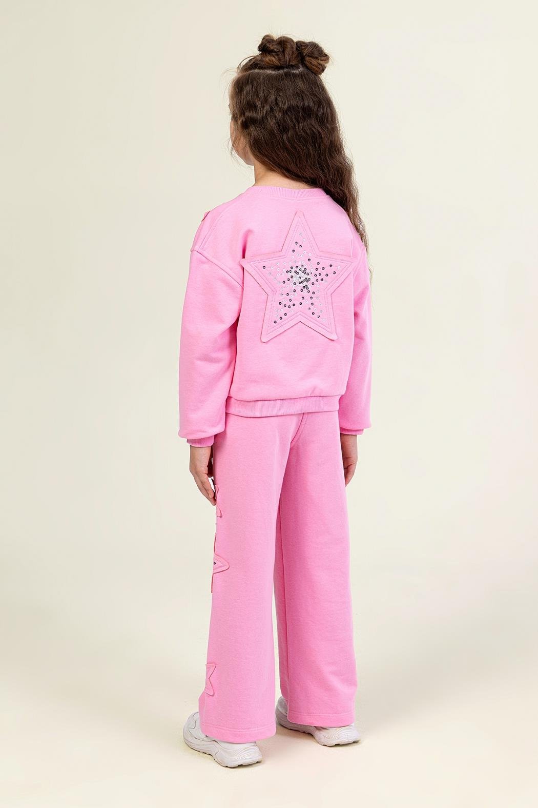 Kız Çocuk Payetli Yıldız Detaylı Sweatshirt ve Geniş Paça Eşofman Takımı