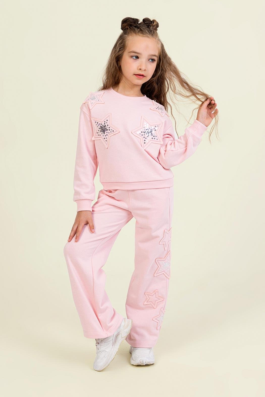 Kız Çocuk Pembe Payetli Yıldız Detaylı Sweatshirt ve Geniş Paça Eşofman Takımı