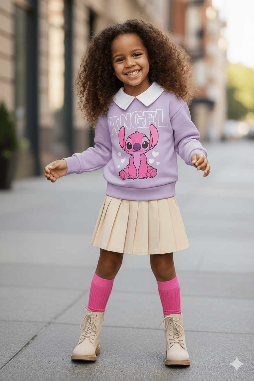 Kız Çocuk Stitch Yaka Detaylı Sweatshirt ve Etek Takım