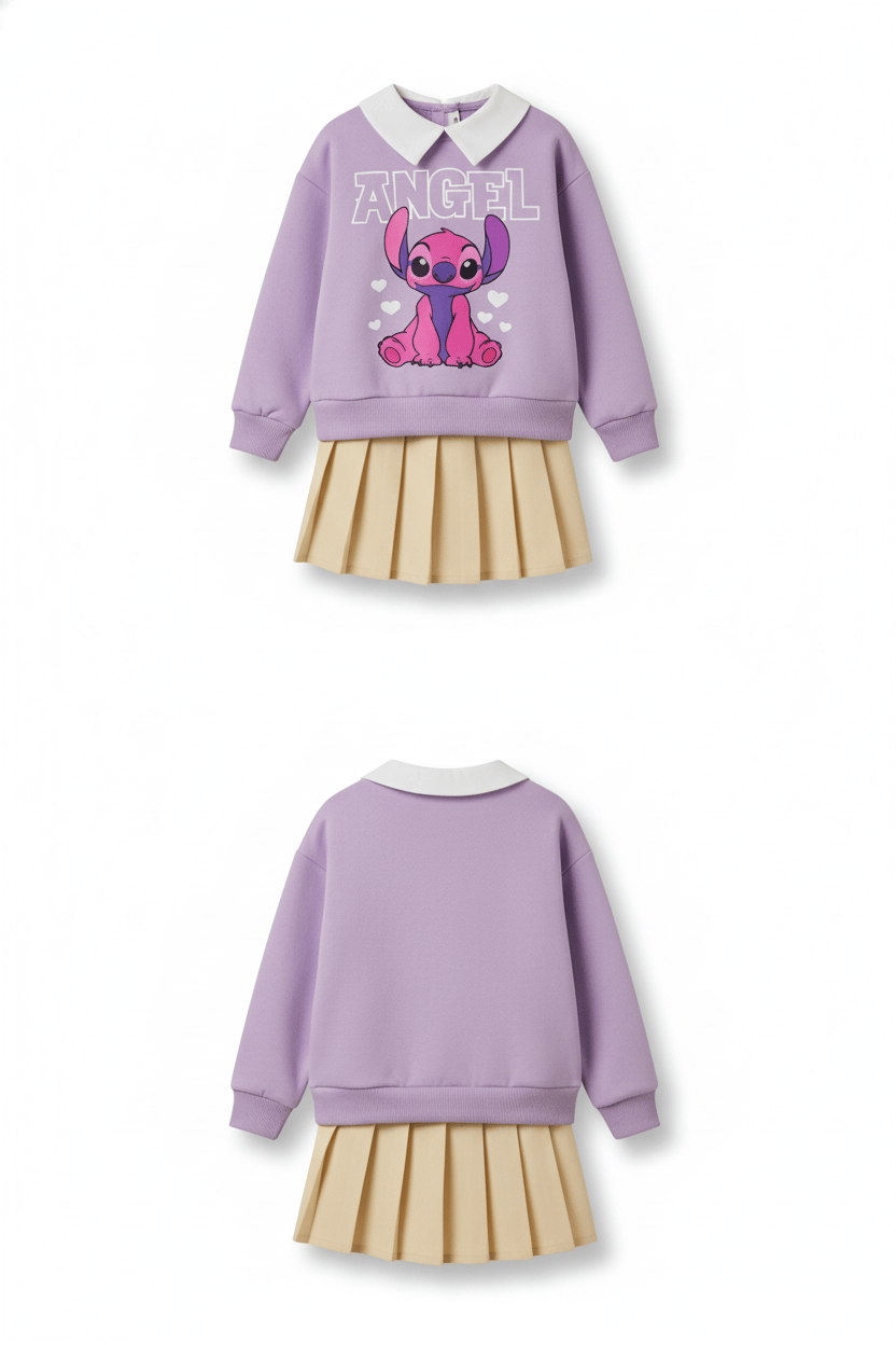 Kız Çocuk Stitch Yaka Detaylı Sweatshirt ve Etek Takım