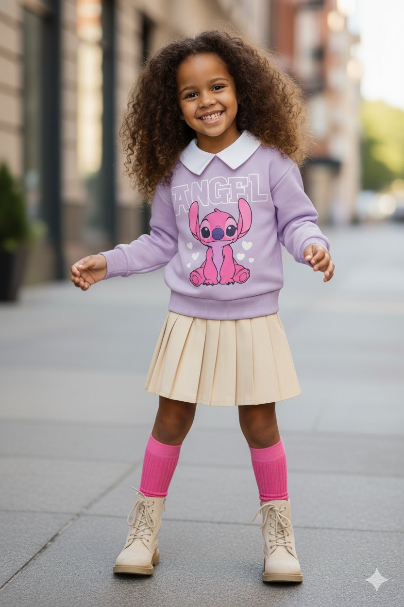 Kız Çocuk Stitch Yaka Detaylı Sweatshirt ve Etek Takım
