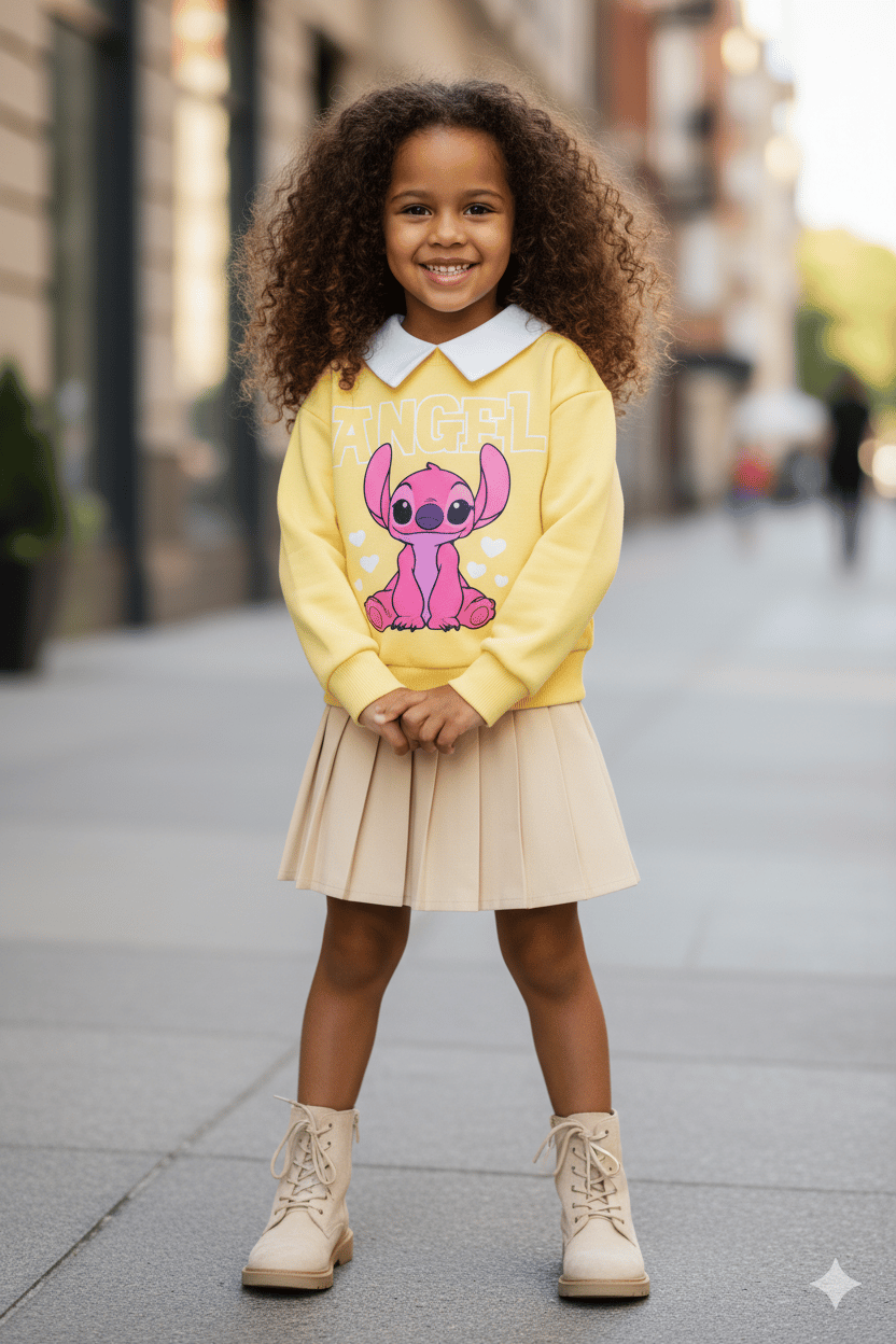 Kız Çocuk Stitch Yaka Detaylı Sweatshirt ve Etek Takım