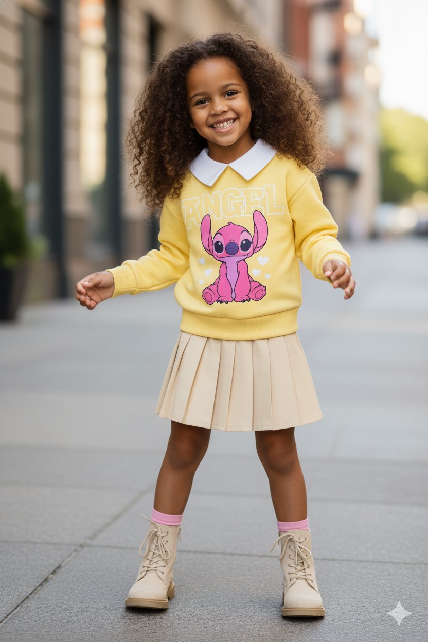 Kız Çocuk Stitch Yaka Detaylı Sweatshirt ve Etek Takım