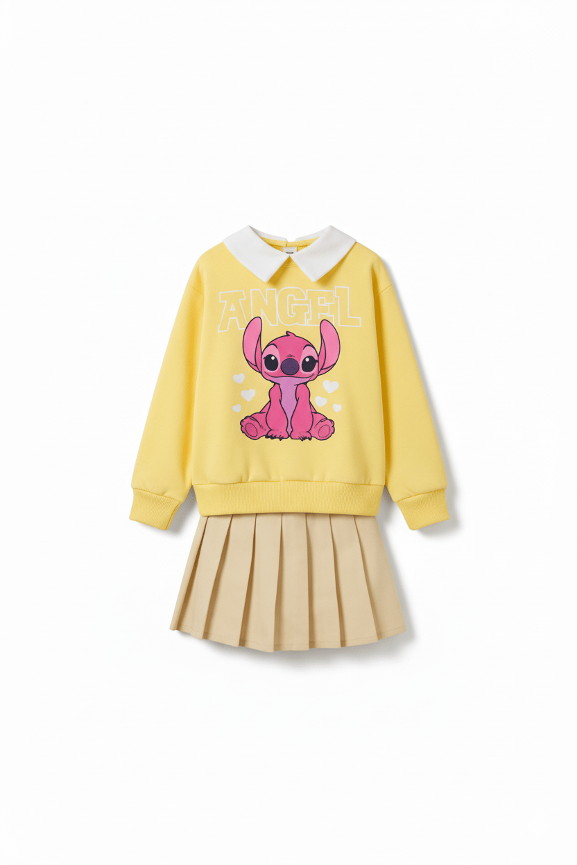 Kız Çocuk Stitch Yaka Detaylı Sweatshirt ve Etek Takım
