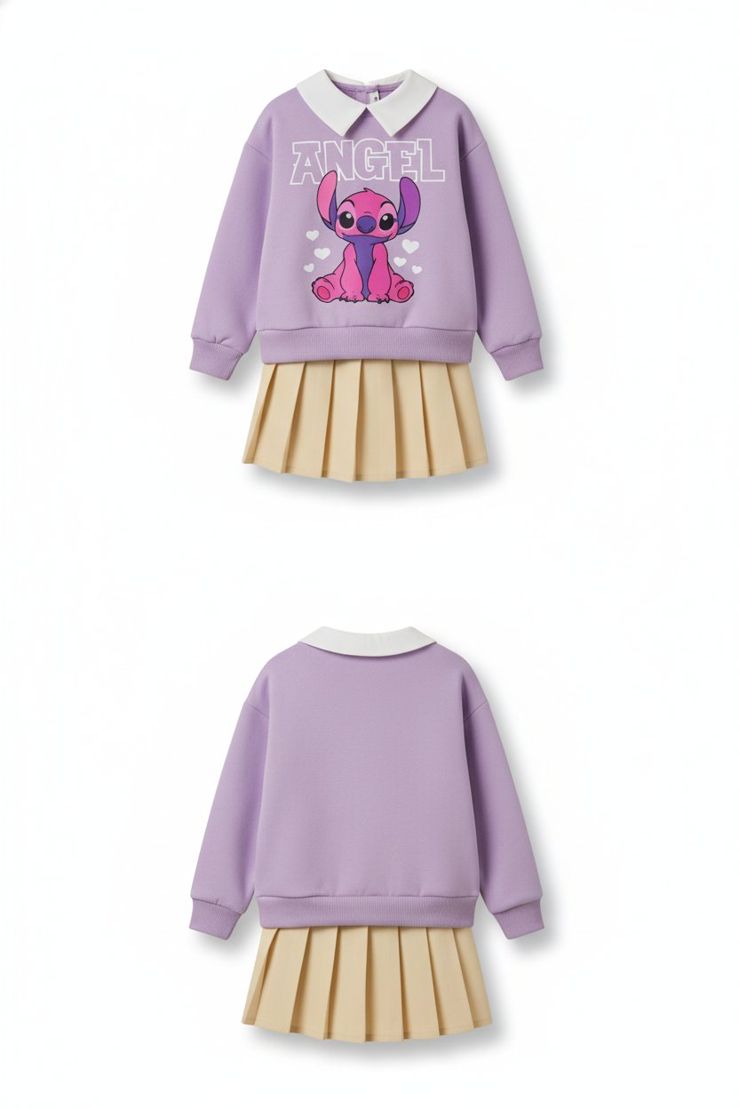 Kız Çocuk Stitch Yaka Detaylı Sweatshirt ve Etek Takım