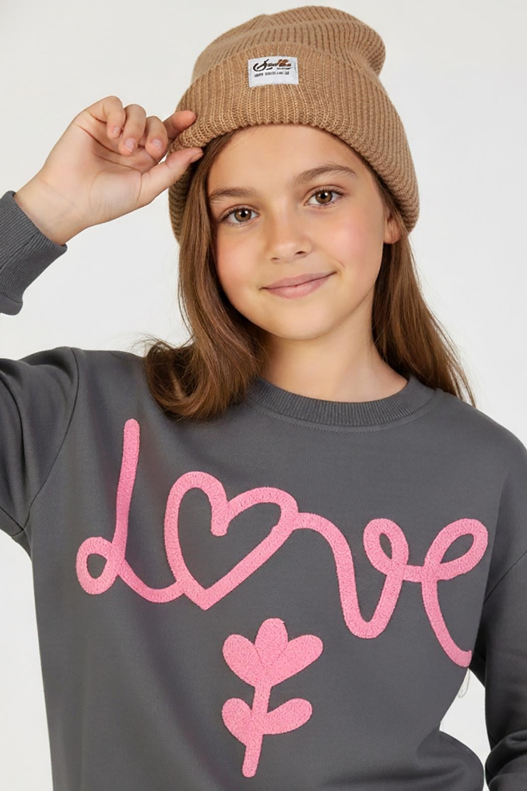 Kız Nakışlı Sweatshirt - Füme (4-9 Yaş)