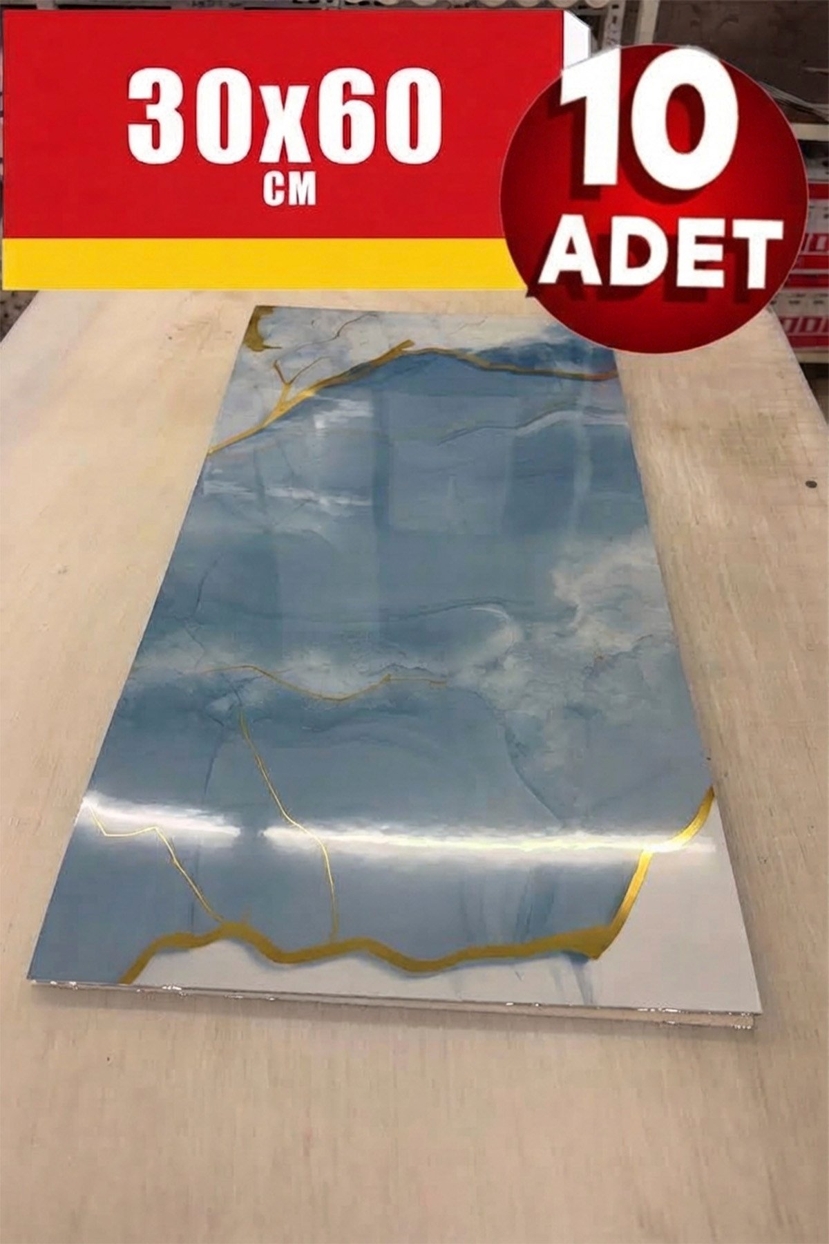 10 Adet, 30x60 Cm Açık Buz Mavisi Gold Renkler Lüks Mermer Desenli Kendinden Yapışkanlı Mutfak Banyo Wc Kaplama Pvc Panel M6001