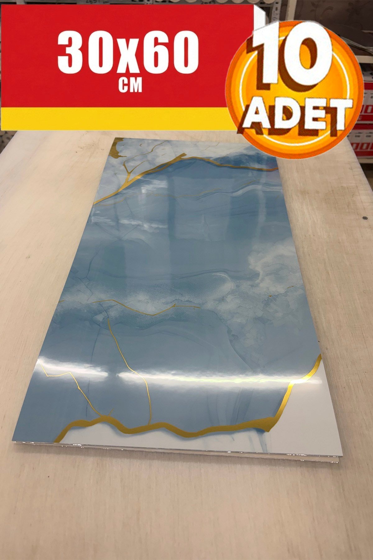 10 Adet, 30x60 Cm Açık Buz Mavisi Gold Renkler Lüks Mermer Desenli Kendinden Yapışkanlı Mutfak Banyo Wc Kaplama Pvc Panel M6001