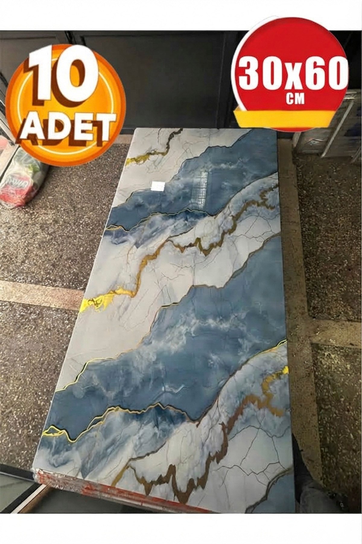 10 Adet, 30x60 Cm Açık Buz Mavisi Gold Renkler Lüks Mermer Desenli Kendinden Yapışkanlı Mutfak Banyo Wc Kaplama Pvc Panel M6001