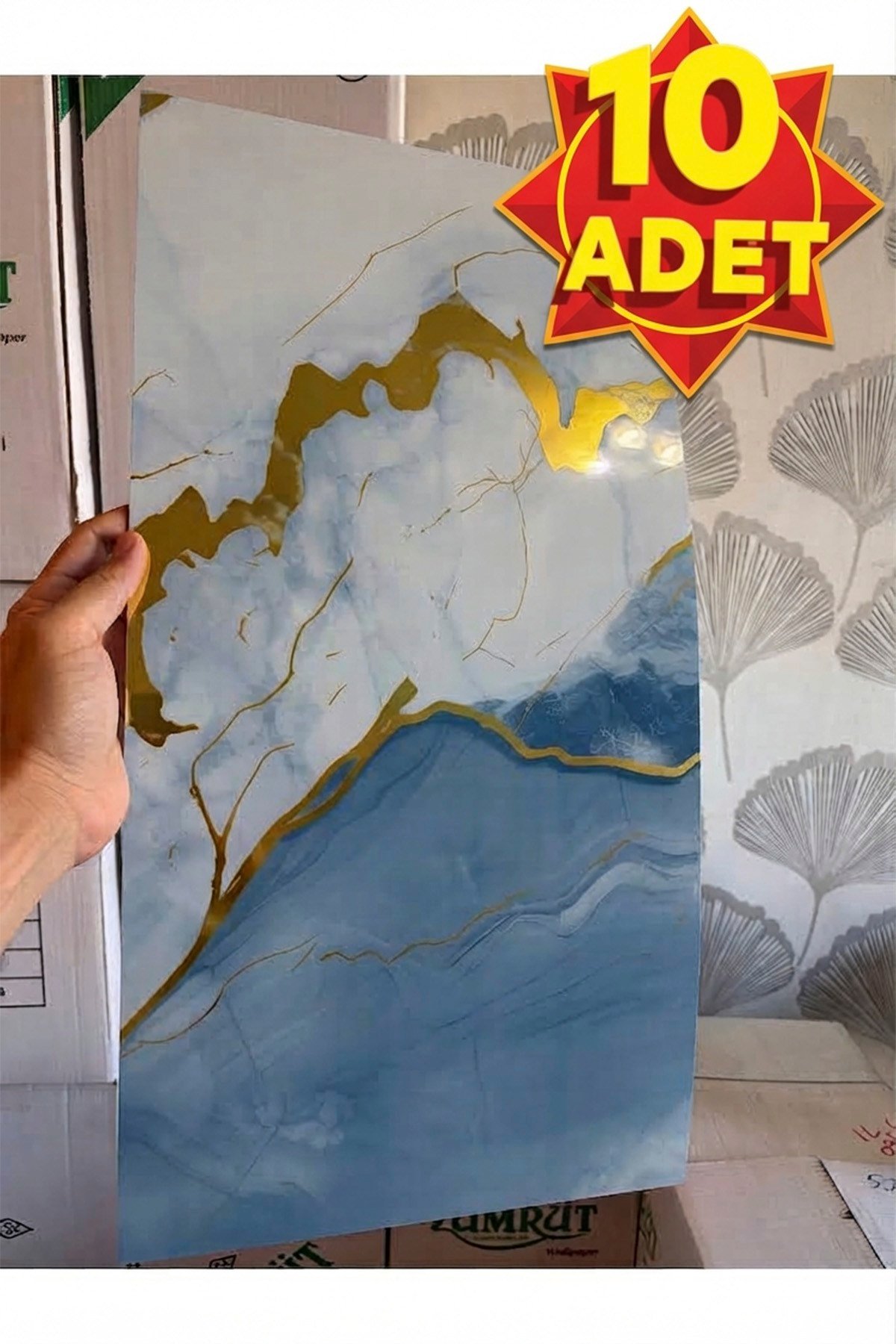 10 Adet, 30x60 Cm Açık Buz Mavisi Gold Renkler Lüks Mermer Desenli Kendinden Yapışkanlı Mutfak Banyo Wc Kaplama Pvc Panel M6001