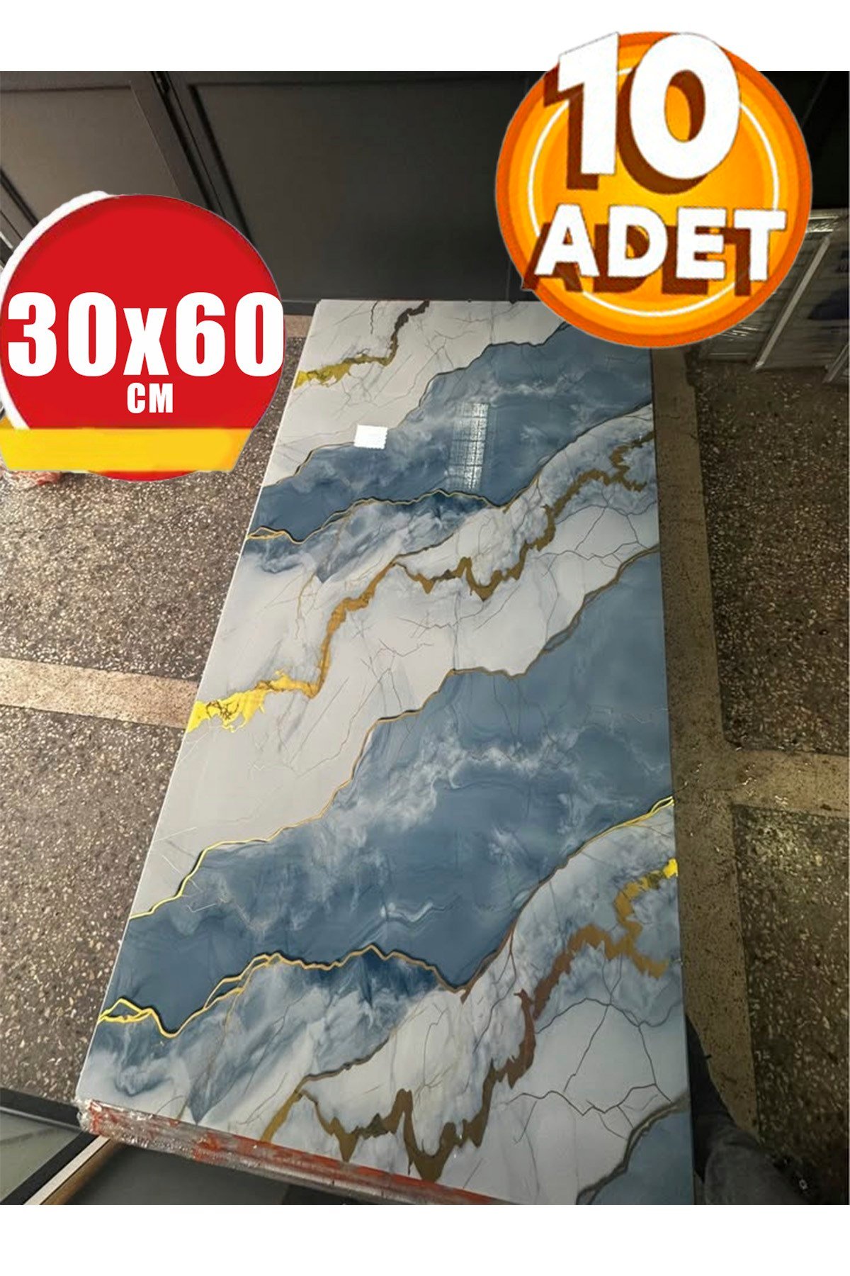 10 Adet, 30x60 Cm Açık Buz Mavisi Gold Renkler Lüks Mermer Desenli Kendinden Yapışkanlı Mutfak Banyo Wc Kaplama Pvc Panel M6001
