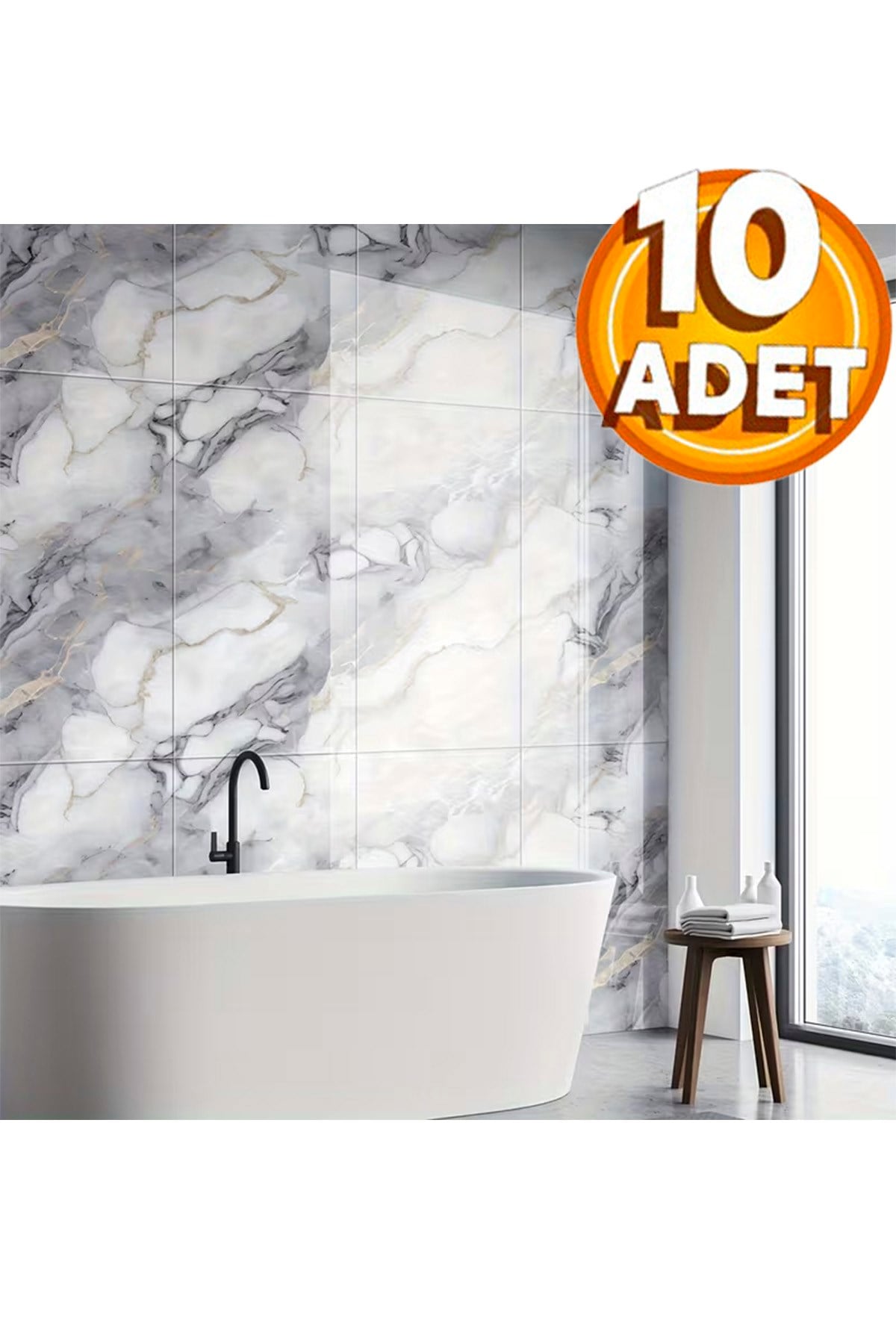10 Adet, 30x60 Cm Açık Gri Damar Mermer Desenli Kendinden Yapışkanlı Mutfak Banyo Wc Kaplama Pvc Panel