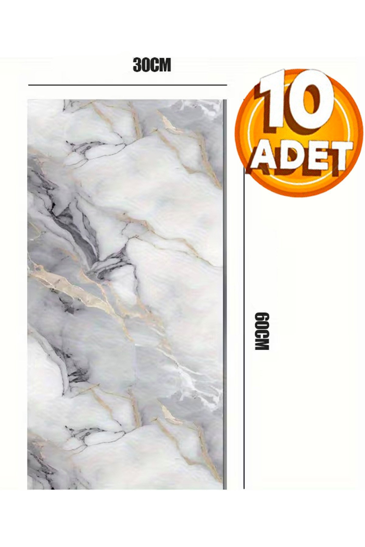 10 Adet, 30x60 Cm Açık Gri Damar Mermer Desenli Kendinden Yapışkanlı Mutfak Banyo Wc Kaplama Pvc Panel