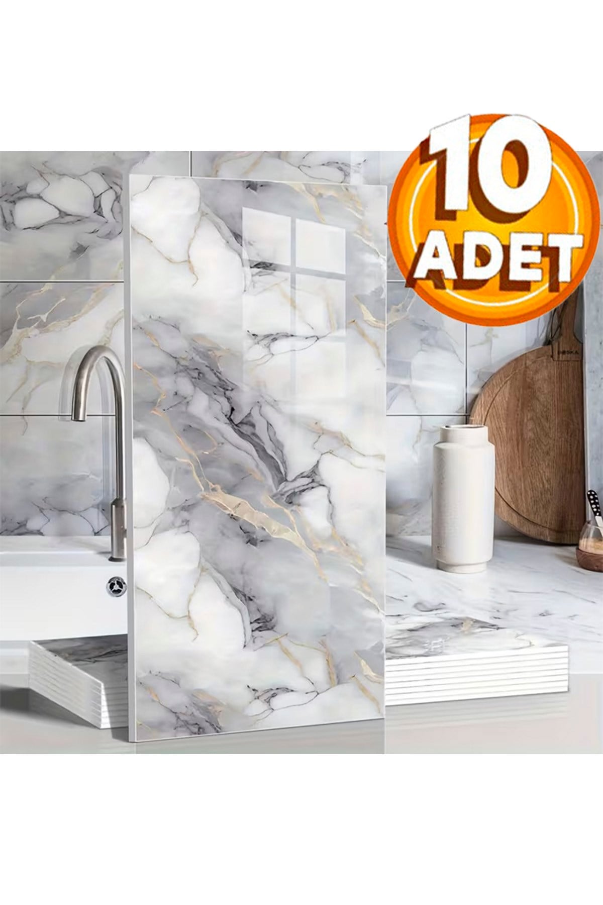 10 Adet, 30x60 Cm Açık Gri Damar Mermer Desenli Kendinden Yapışkanlı Mutfak Banyo Wc Kaplama Pvc Panel