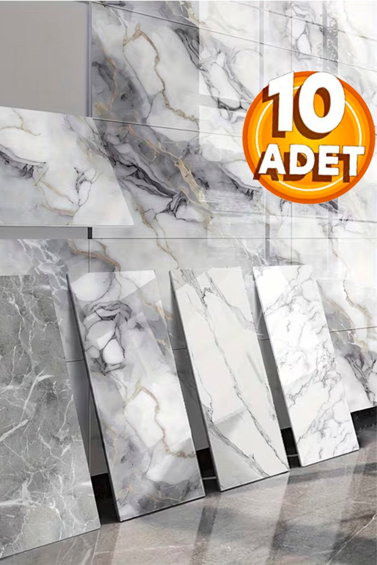 10 Adet, 30x60 Cm Açık Gri Damar Mermer Desenli Kendinden Yapışkanlı Mutfak Banyo Wc Kaplama Pvc Panel