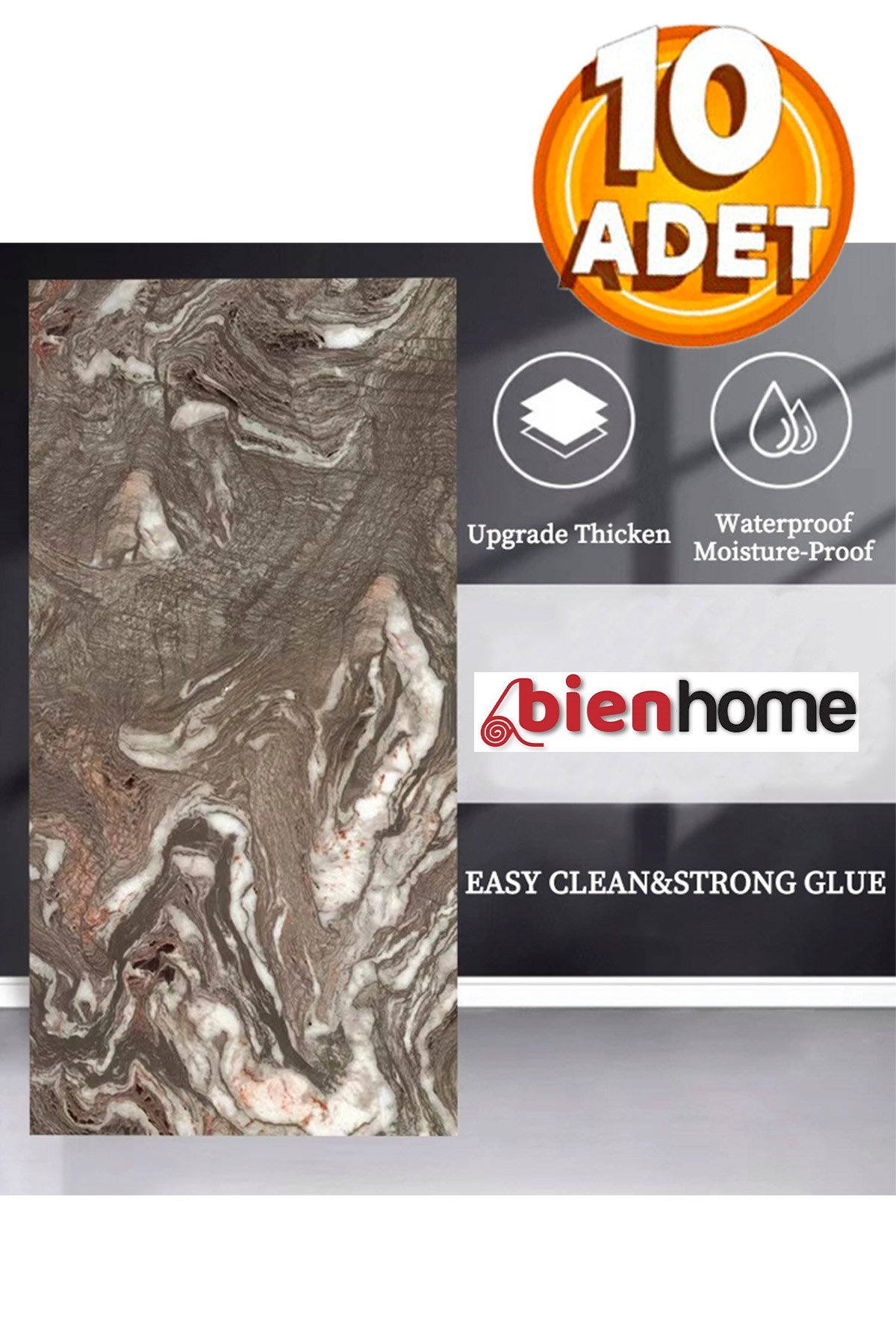 10 Adet, 30x60cm bordo, gri, antrasit, mor ve beyaz Renkli Mermer Desenli Kendinden Yapışkanlı Banyo PVC Duvar Paneli