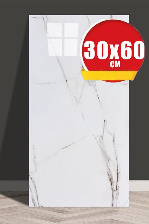 10 Adet, Yeni, Beyaz, 30x60 Cm Beyaz Krem Mermer Desenli Kendinden Yapışkanlı PVC Duvar Paneli-M012
