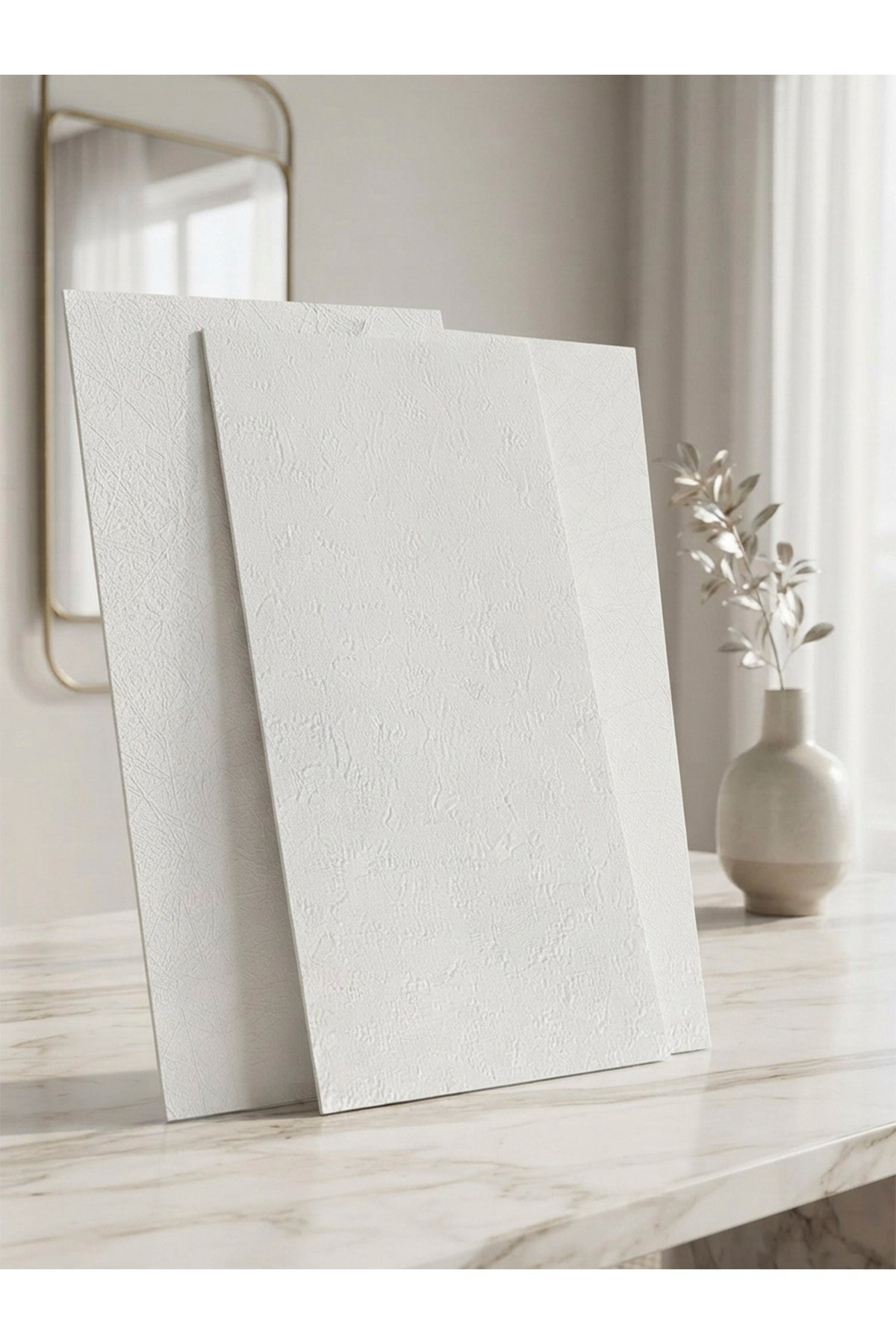 10 Adet, Yüksek Kalite Kabartmalı Dokulu Beyaz Renk Gerçek Sıva Hissi Modern Beton Görünüm Desenli Pvc Mat Panel Kendinden Yapışkanlı Duvar Kaplaması Mat-1001, 30x60 CM 