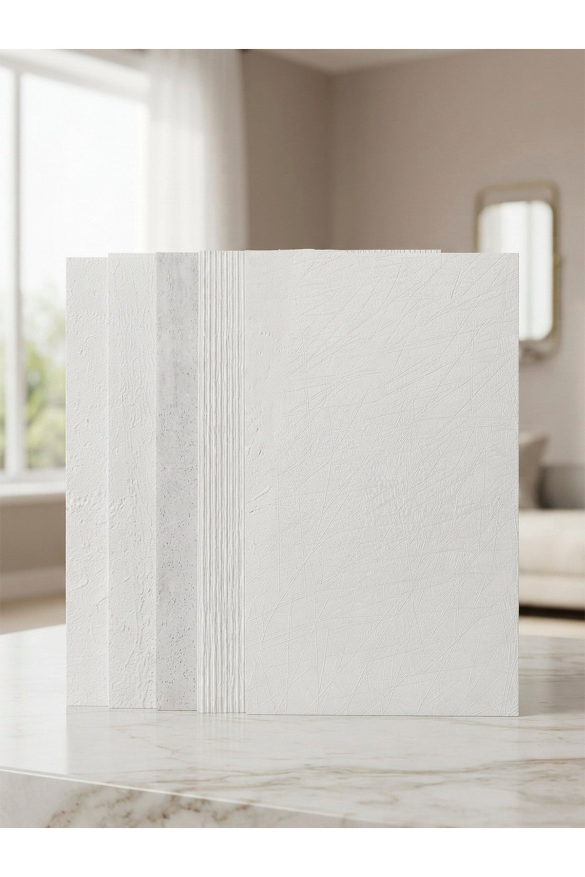 10 Adet, Yüksek Kalite Kabartmalı Dokulu Beyaz Renk Gerçek Sıva Hissi Modern Beton Görünüm Desenli Pvc Mat Panel Kendinden Yapışkanlı Duvar Kaplaması Mat-1201, 30x60 CM 