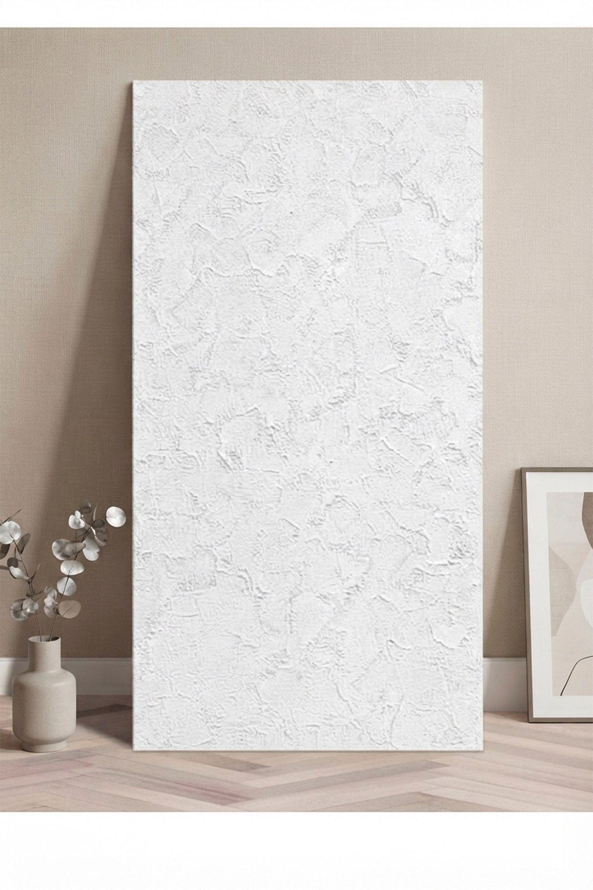 10 Adet, Yüksek Kalite Kabartmalı Dokulu Beyaz Renk Gerçek Sıva Hissi Modern Beton Görünüm Desenli Pvc Mat Panel Kendinden Yapışkanlı Duvar Kaplaması Mat-1201, 30x60 CM 