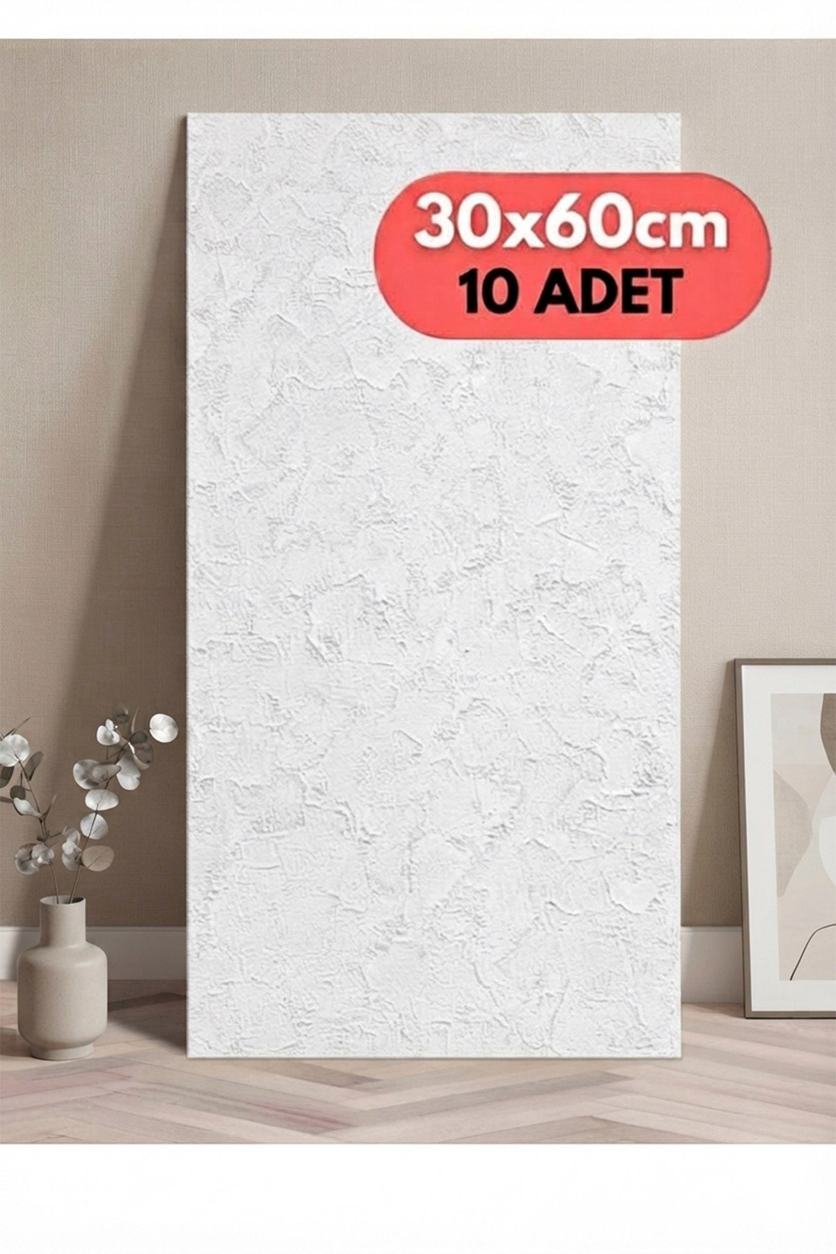 10 Adet, Yüksek Kalite Kabartmalı Dokulu Beyaz Renk Gerçek Sıva Hissi Modern Beton Görünüm Desenli Pvc Mat Panel Kendinden Yapışkanlı Duvar Kaplaması Mat-1001, 30x60 CM 