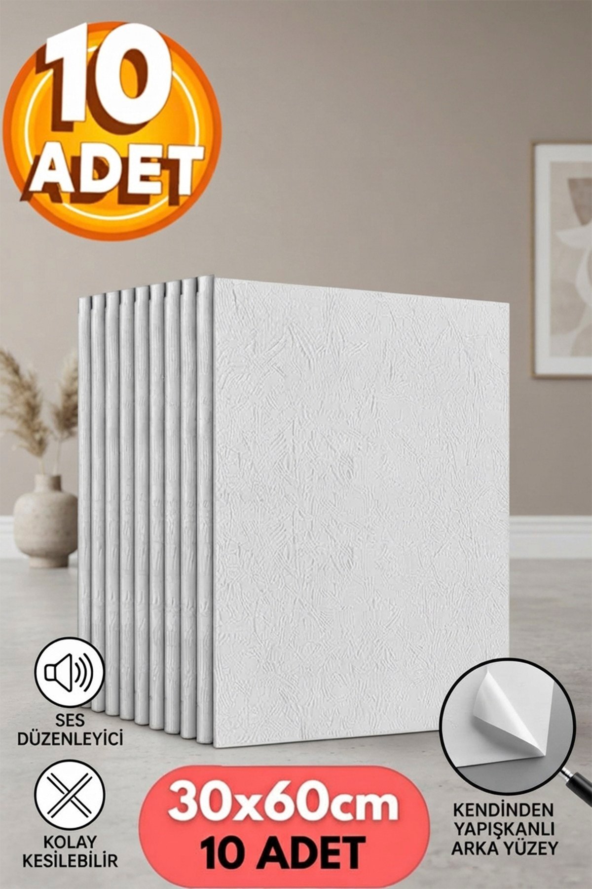 10 Adet, Yüksek Kalite Kabartmalı Dokulu Beyaz Renk Gerçek Sıva Hissi Modern Beton Görünüm Desenli Pvc Mat Panel Kendinden Yapışkanlı Duvar Kaplaması Mat-1001, 30x60 CM 
