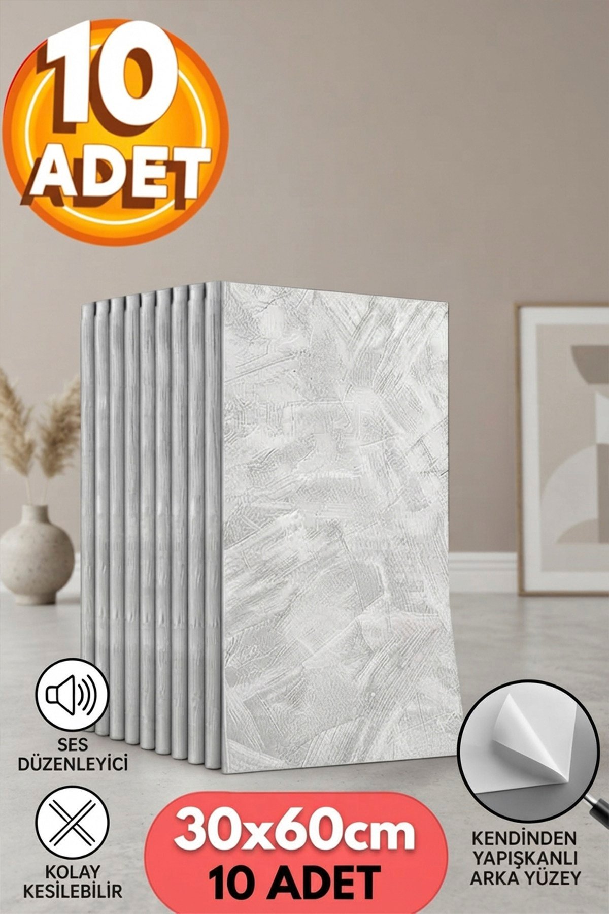 10 Adet, Yüksek Kalite Kabartmalı Dokulu Beyaz Tonlarında Gerçek Duvar Hissi Modern Beton Görünüm Desenli Pvc Mat Panel Kendinden Yapışkanlı Duvar Kaplaması Mat-5001, 30x60 CM 