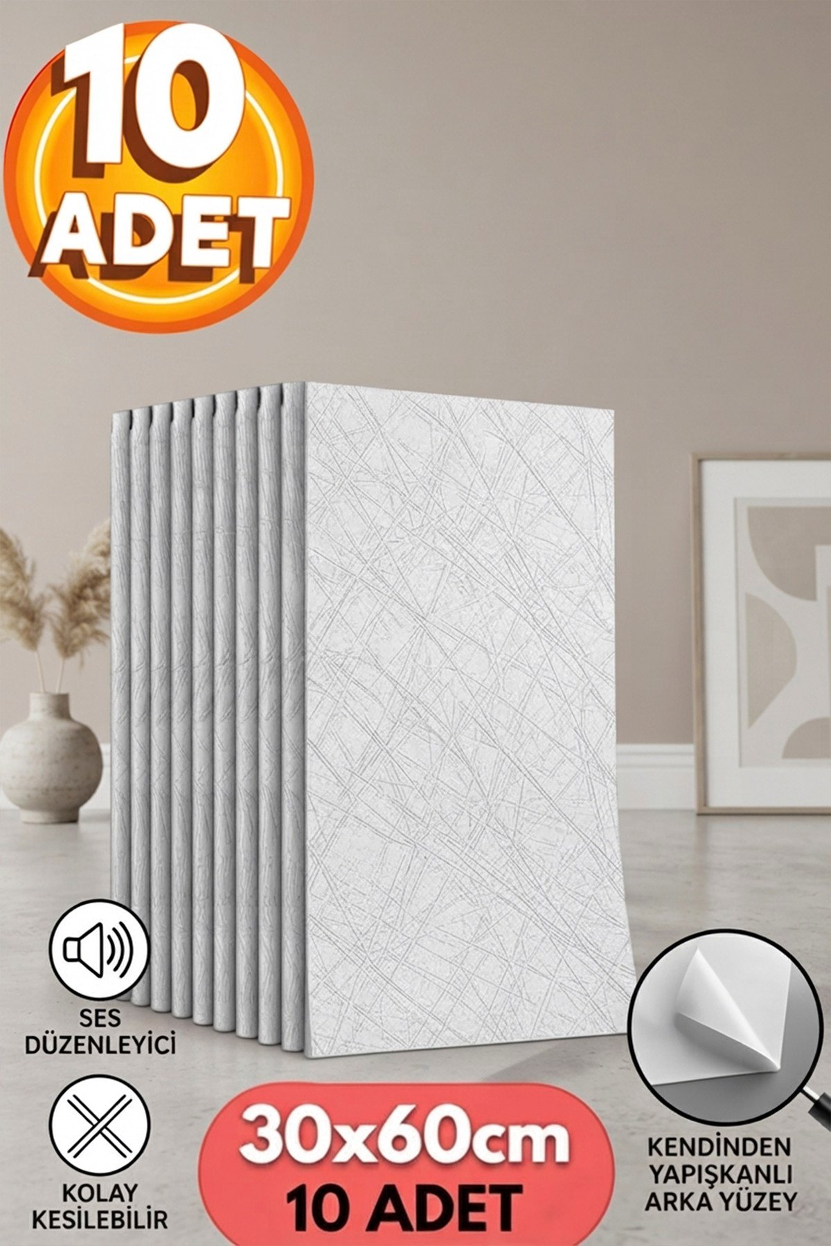 10 Adet, Yüksek Kalite Kabartmalı Dokulu Beyaz Tonlarında Gerçek Duvar Hissi Modern Çizgili Görünüm Desenli Pvc Mat Panel Kendinden Yapışkanlı Duvar Kaplaması Mat-8001, 30x60 CM 