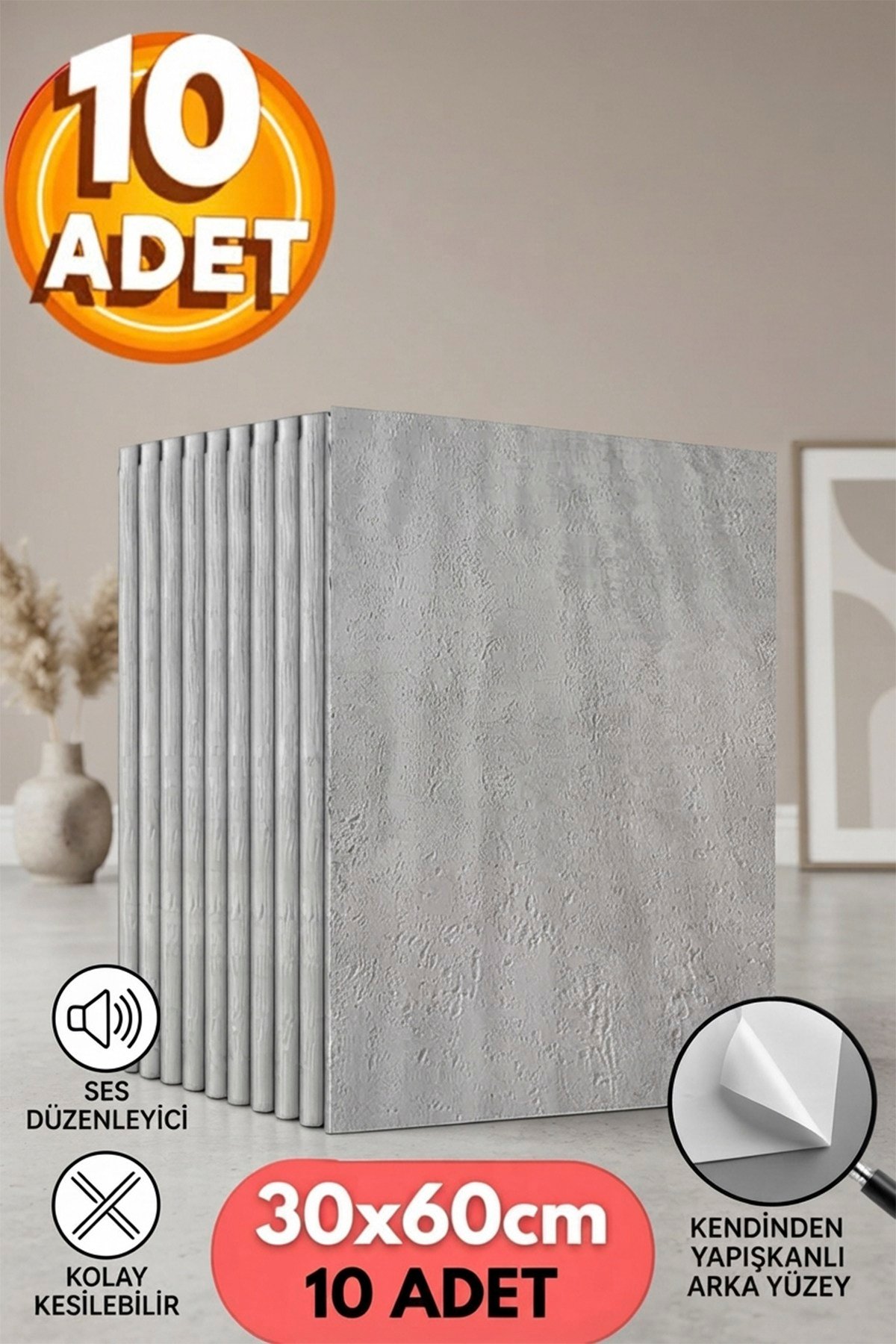 10 Adet, Yüksek Kalite Kabartmalı Dokulu Gri Tonlarında Gerçek Sıva Hissi Modern Beton Görünüm Desenli Pvc Mat Panel Kendinden Yapışkanlı Duvar Kaplaması Mat-3002, 30x60 CM 