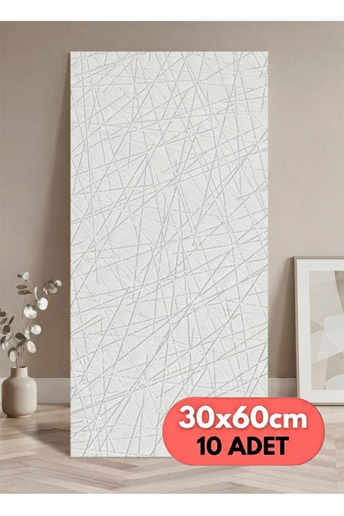 10 Adet, Yüksek Kalite Kabartmalı Dokulu Beyaz Tonlarında Gerçek Duvar Hissi Modern Çizgili Görünüm Desenli Pvc Mat Panel Kendinden Yapışkanlı Duvar Kaplaması Mat-8001, 30x60 CM 