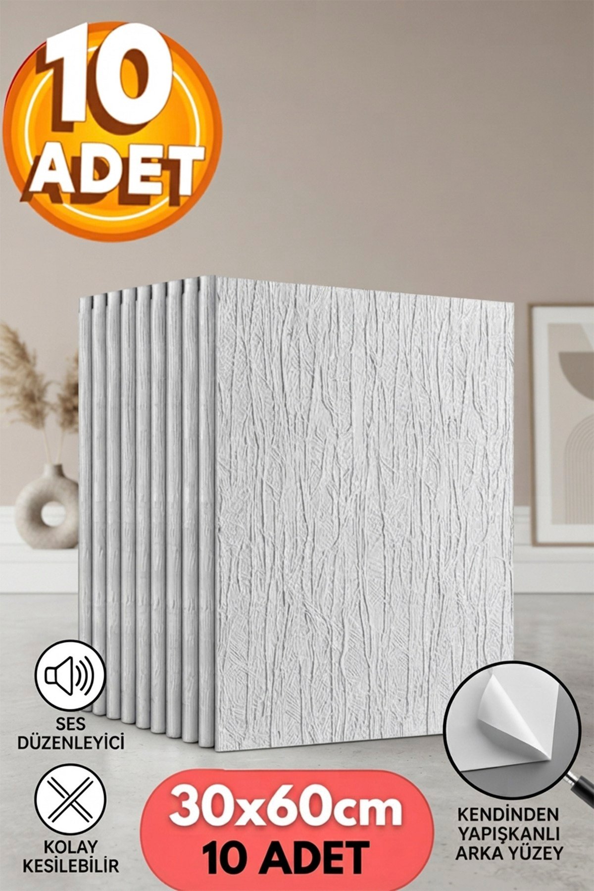 10 Adet, Yüksek Kalite Kabartmalı Dokulu Beyaz Renk Gerçek Sıva Hissi Modern Beton Görünüm Desenli Pvc Mat Panel Kendinden Yapışkanlı Duvar Kaplaması Mat-1201, 30x60 CM 
