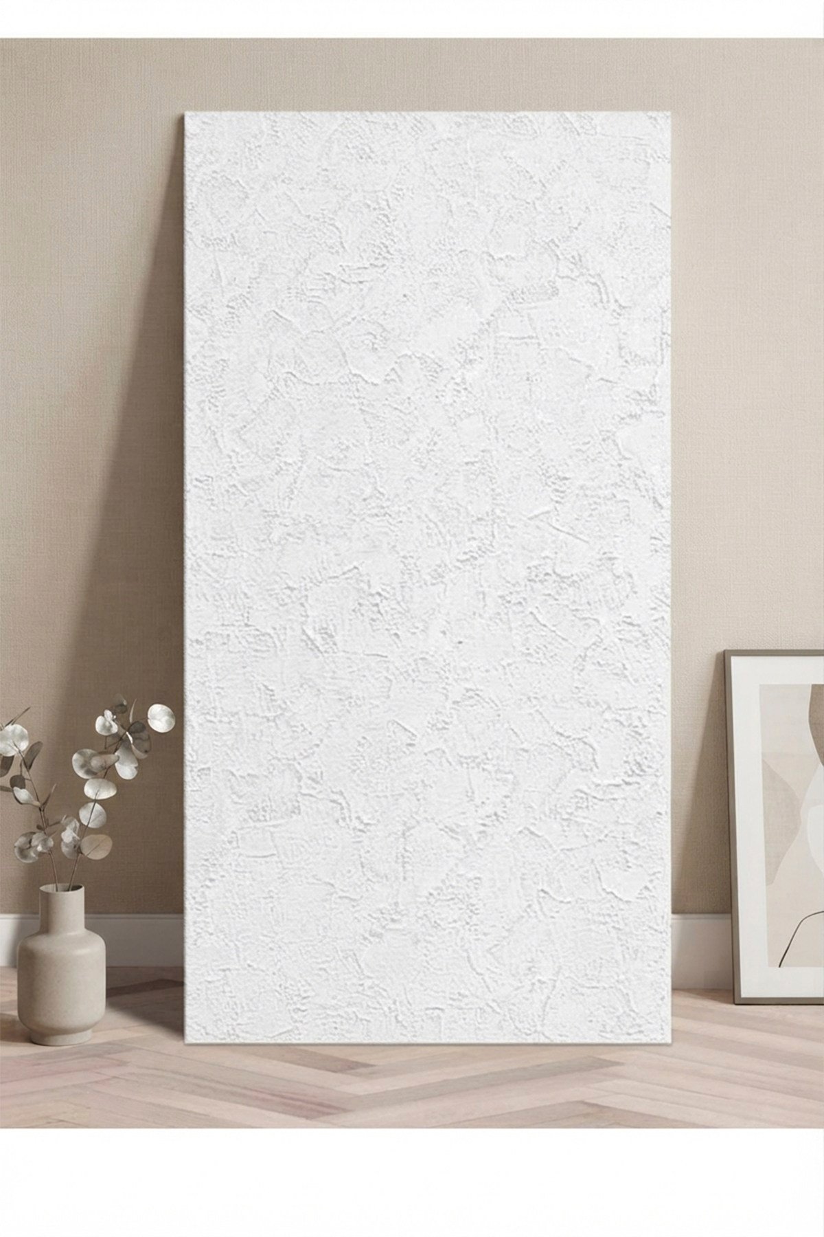 10 Adet, Yüksek Kalite Kabartmalı Dokulu Beyaz Renk Gerçek Sıva Hissi Modern Beton Görünüm Desenli Pvc Mat Panel Kendinden Yapışkanlı Duvar Kaplaması Mat-1001, 30x60 CM 