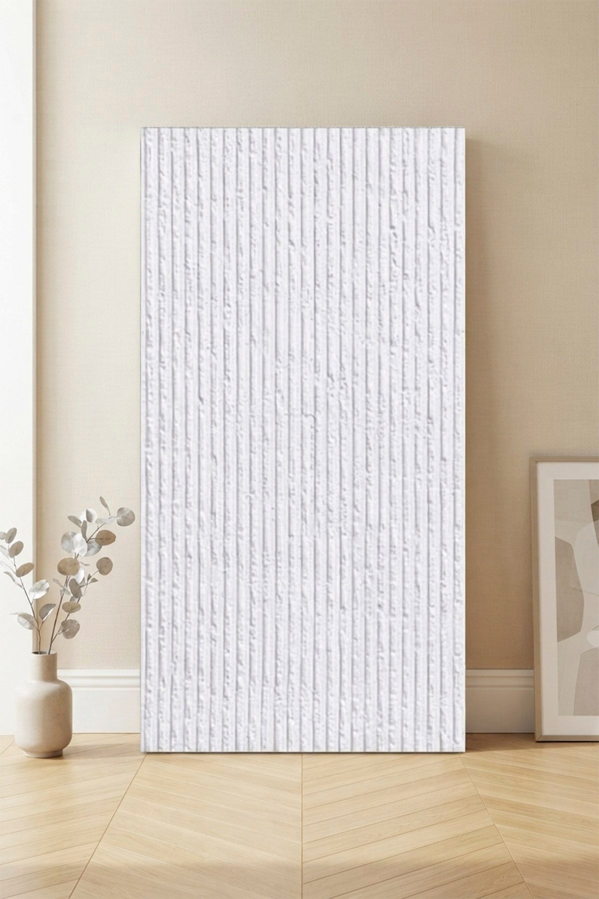 10 Adet, Yüksek Kalite Kabartmalı Dokulu Beyaz Tonlarında Gerçek Sıva Hissi Modern Beton Görünüm Desenli Pvc Mat Panel Kendinden Yapışkanlı Duvar Kaplaması Mat-4001, 30x60 CM 