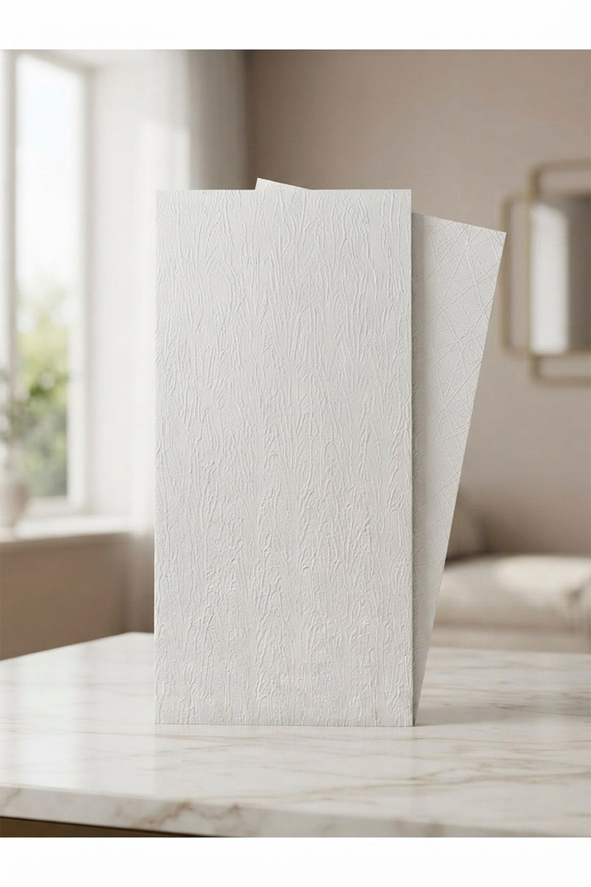 10 Adet, Yüksek Kalite Kabartmalı Dokulu Beyaz Renk Gerçek Sıva Hissi Modern Beton Görünüm Desenli Pvc Mat Panel Kendinden Yapışkanlı Duvar Kaplaması Mat-1201, 30x60 CM 
